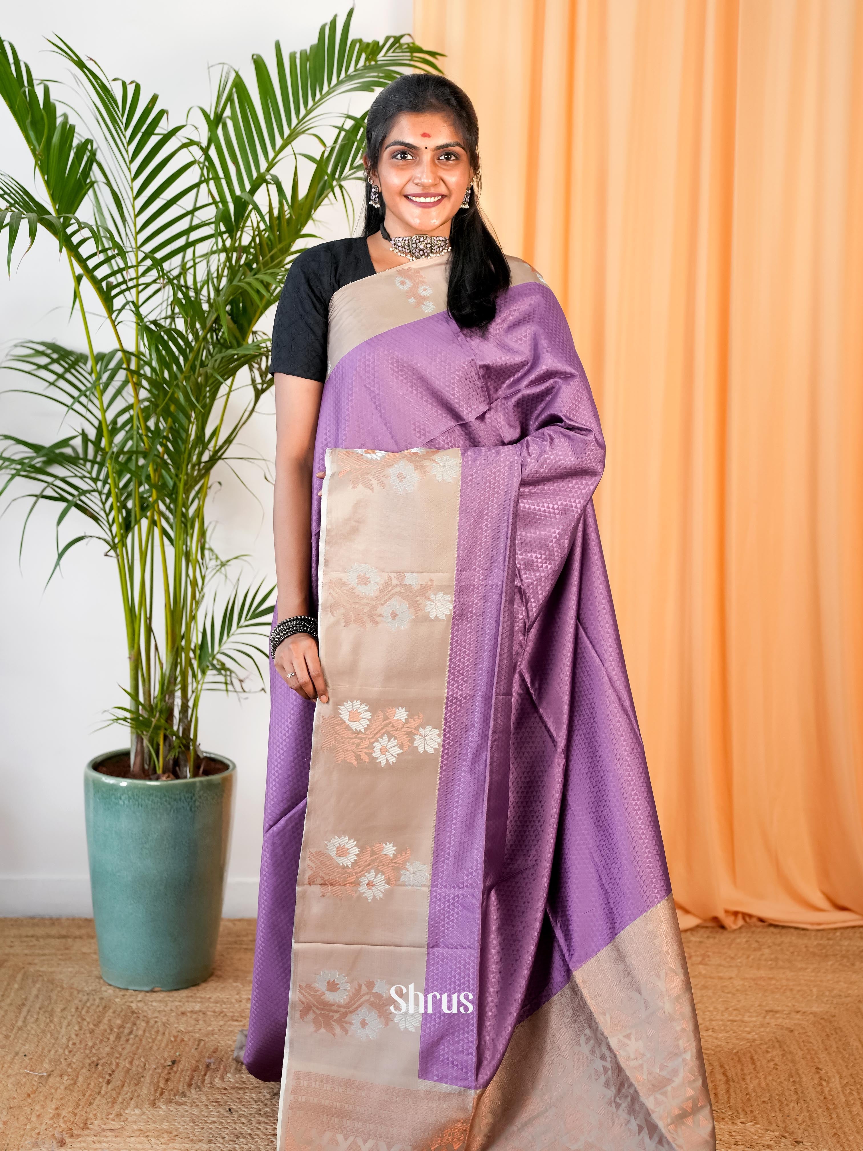 Purple & Grey - Semi Softsilk Saree - Shop on Shrus.com