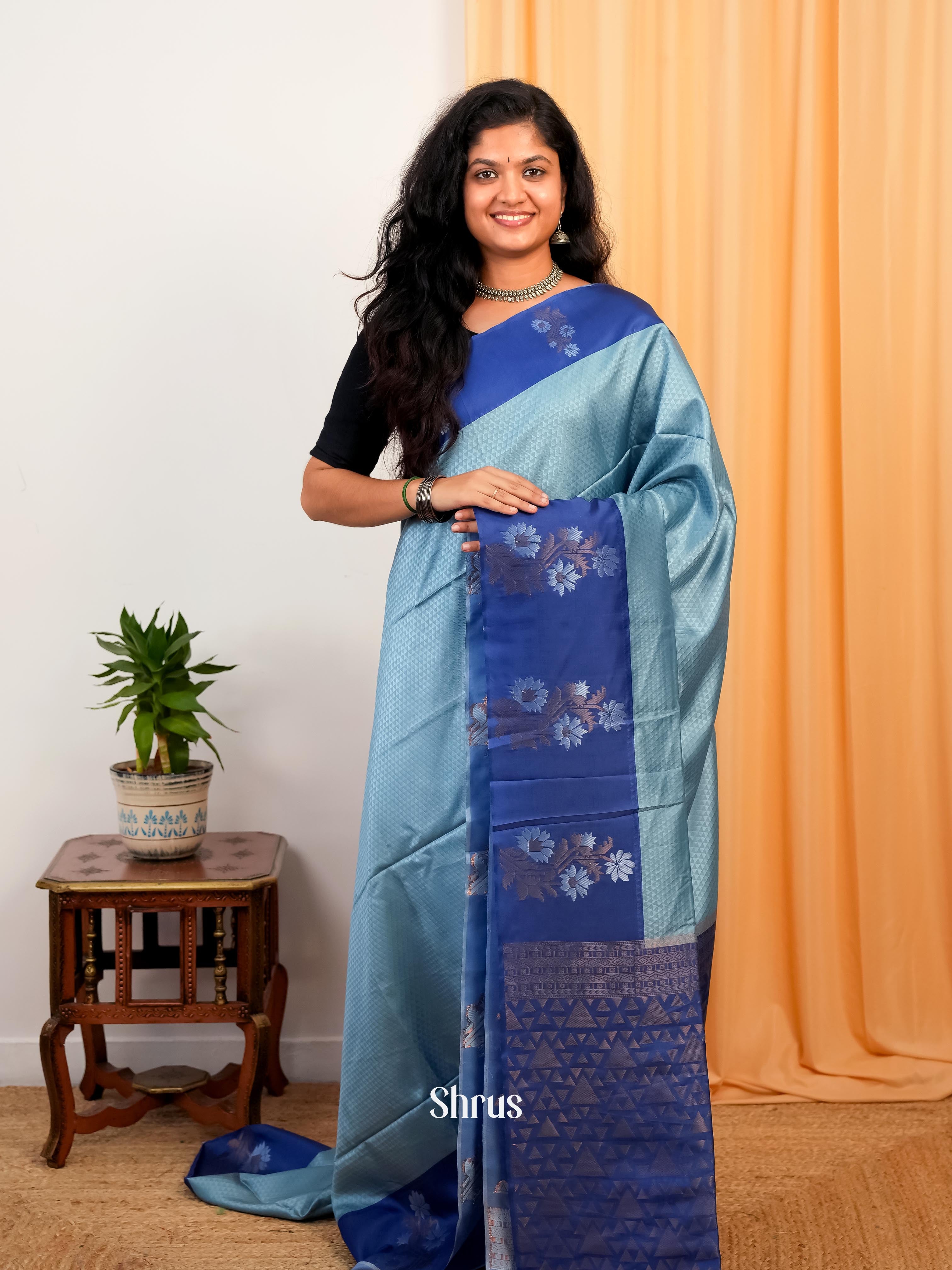 Lite Blue & Blue - Semi Softsilk Saree - Shop on Shrus.com