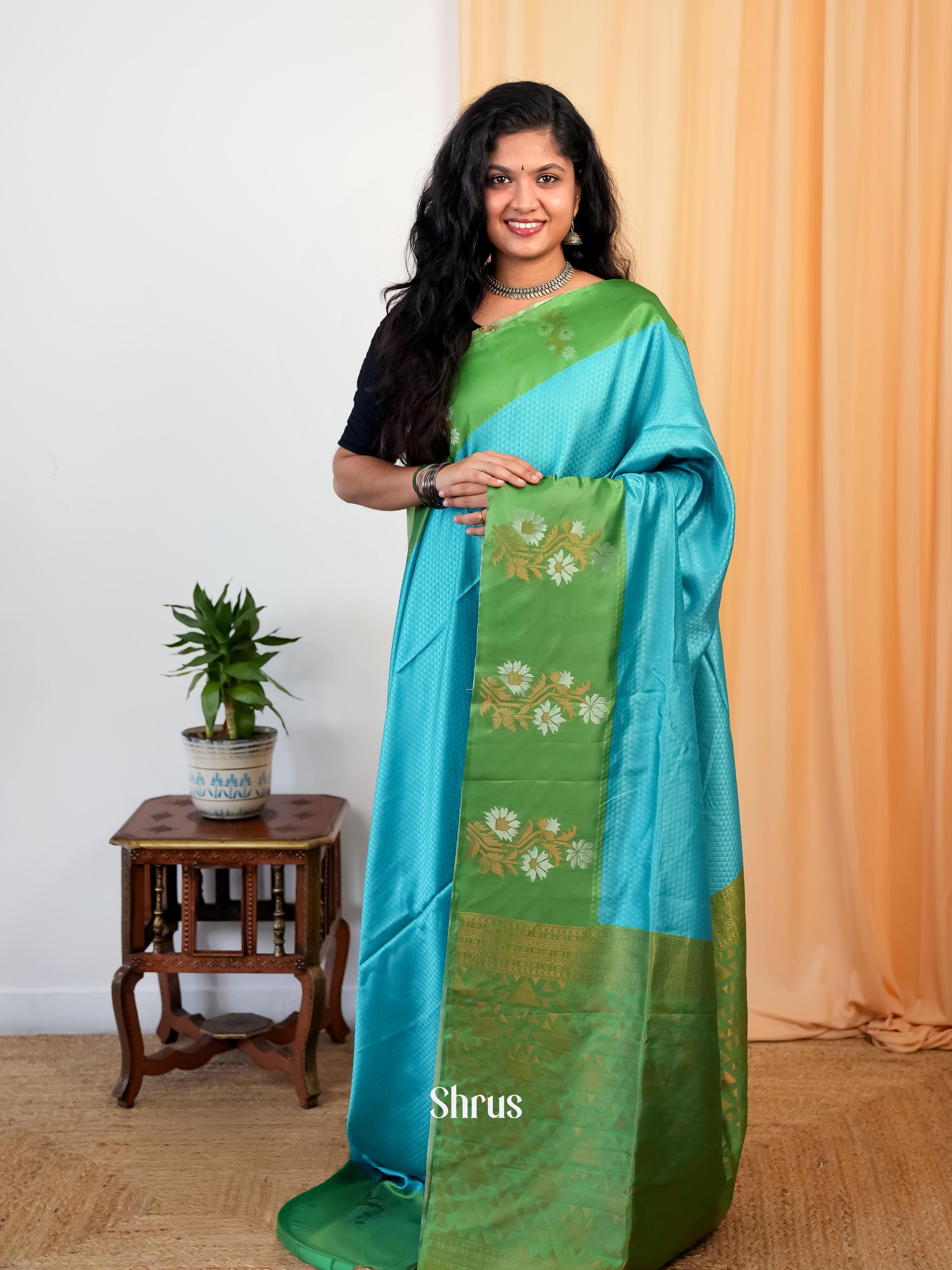 Blue & Green - Semi Softsilk Saree - Shop on Shrus.com