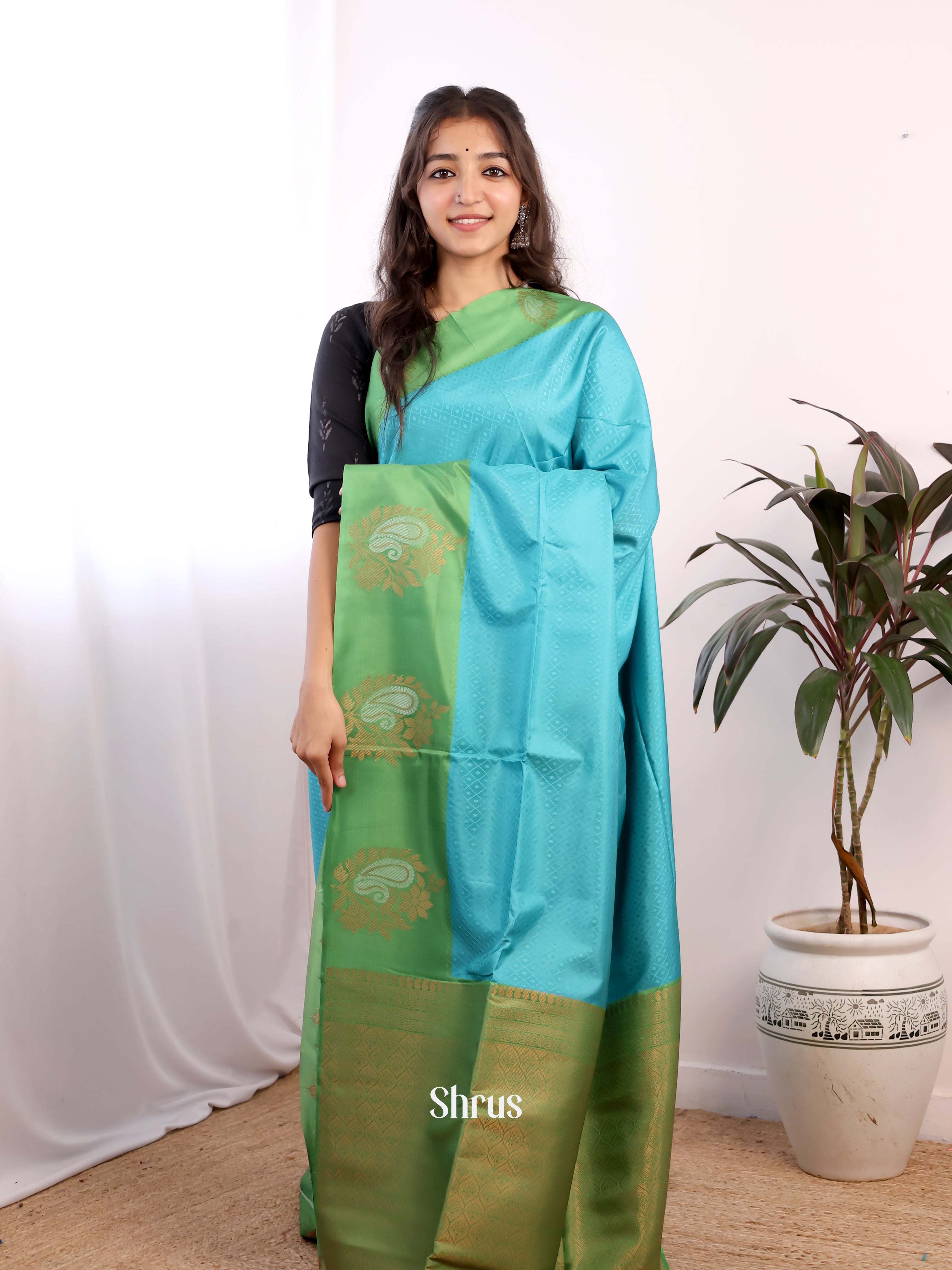 Blue & Green- Semi Softsilk Saree - Shop on Shrus.com