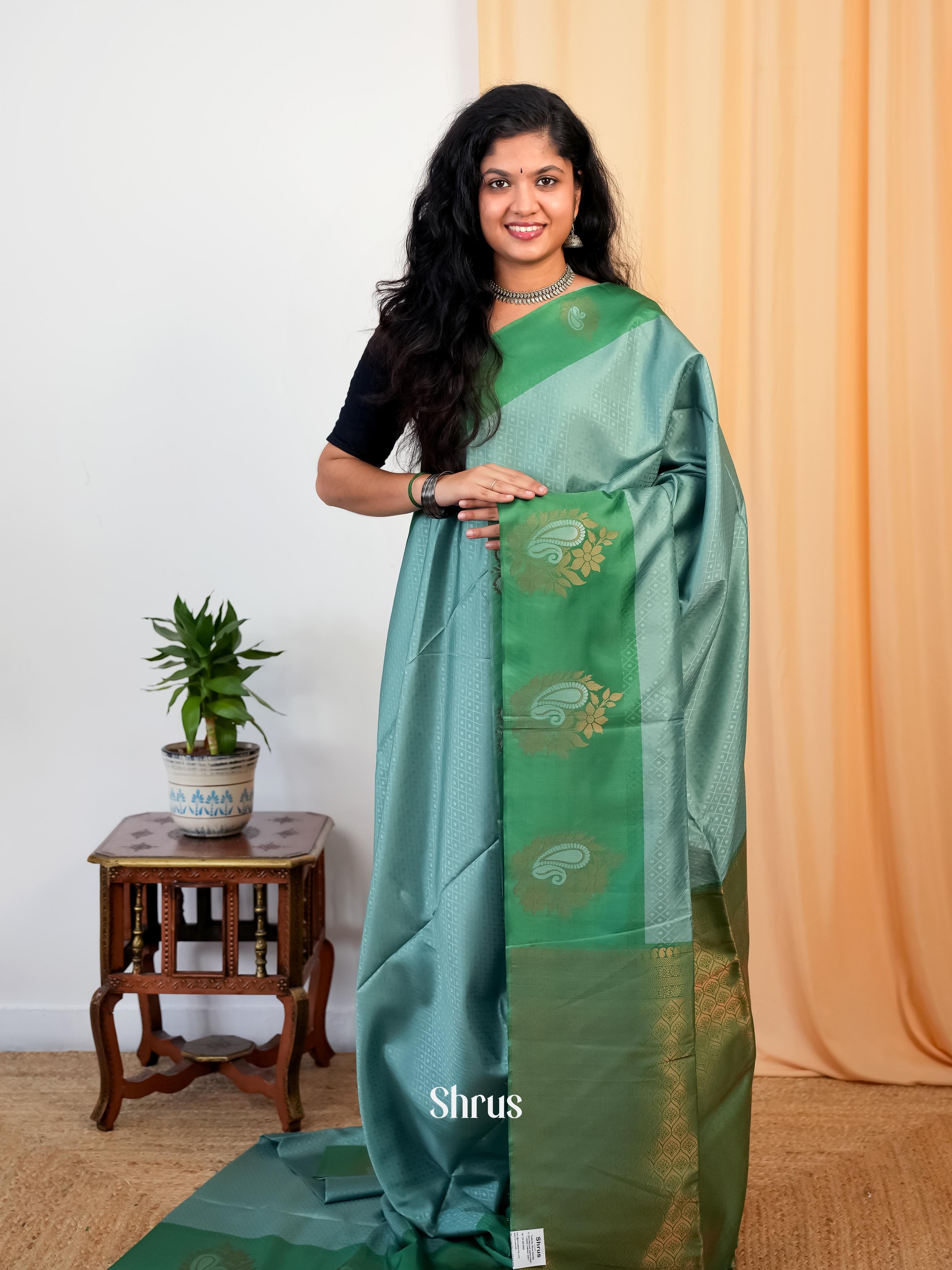 Grey Green & Green - Semi Softsilk Saree - Shop on Shrus.com