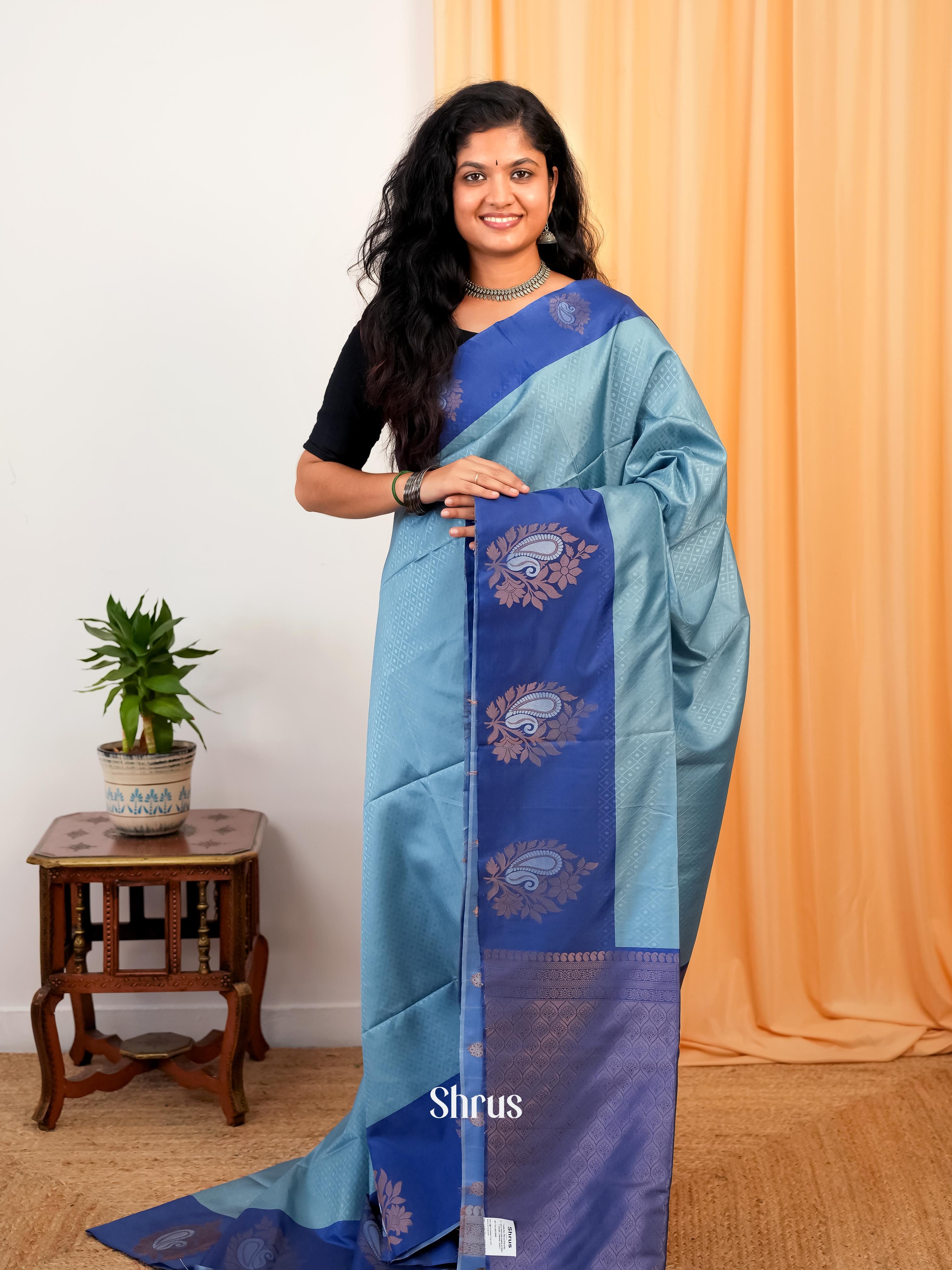 Lite Blue & Blue- Semi Softsilk Saree - Shop on Shrus.com