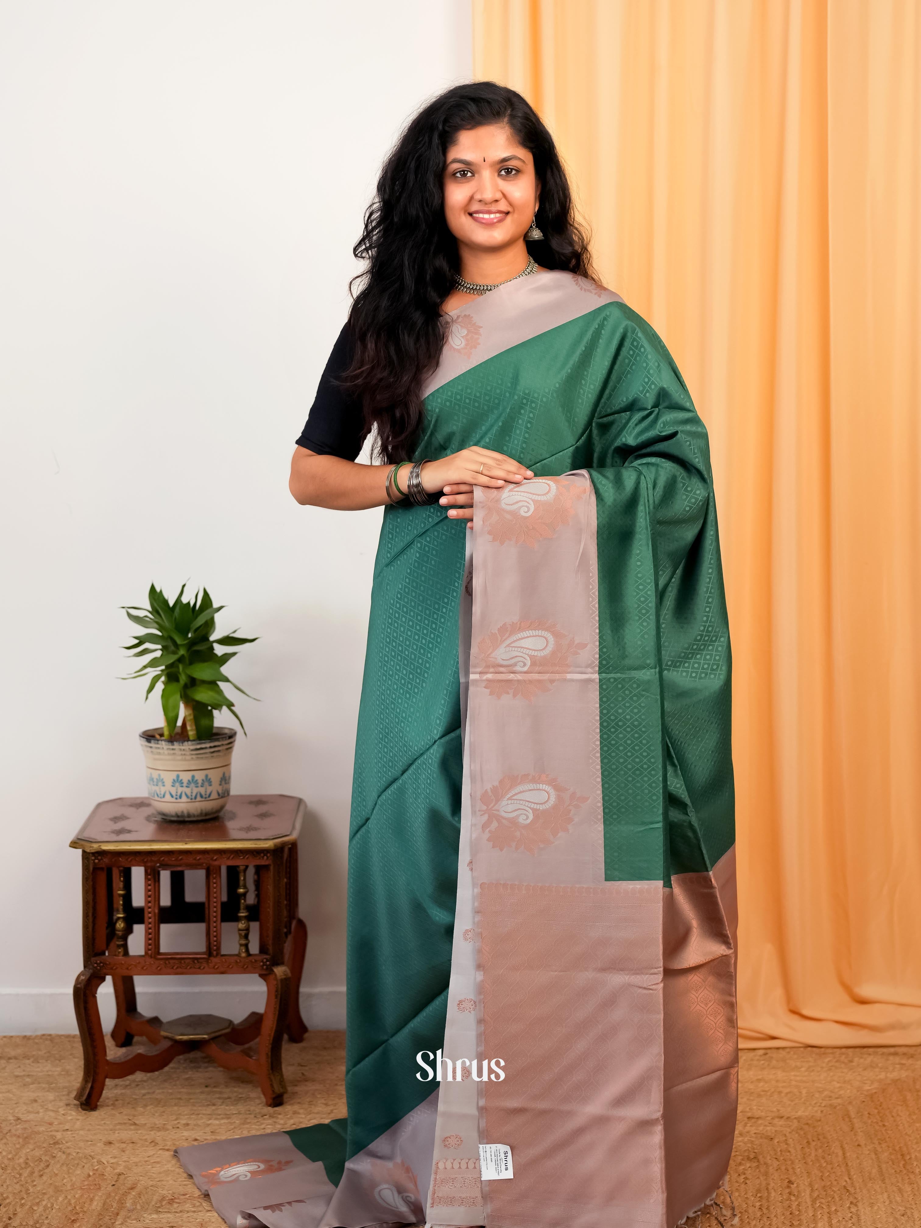 Green & Grey - Semi Softsilk Saree - Shop on Shrus.com