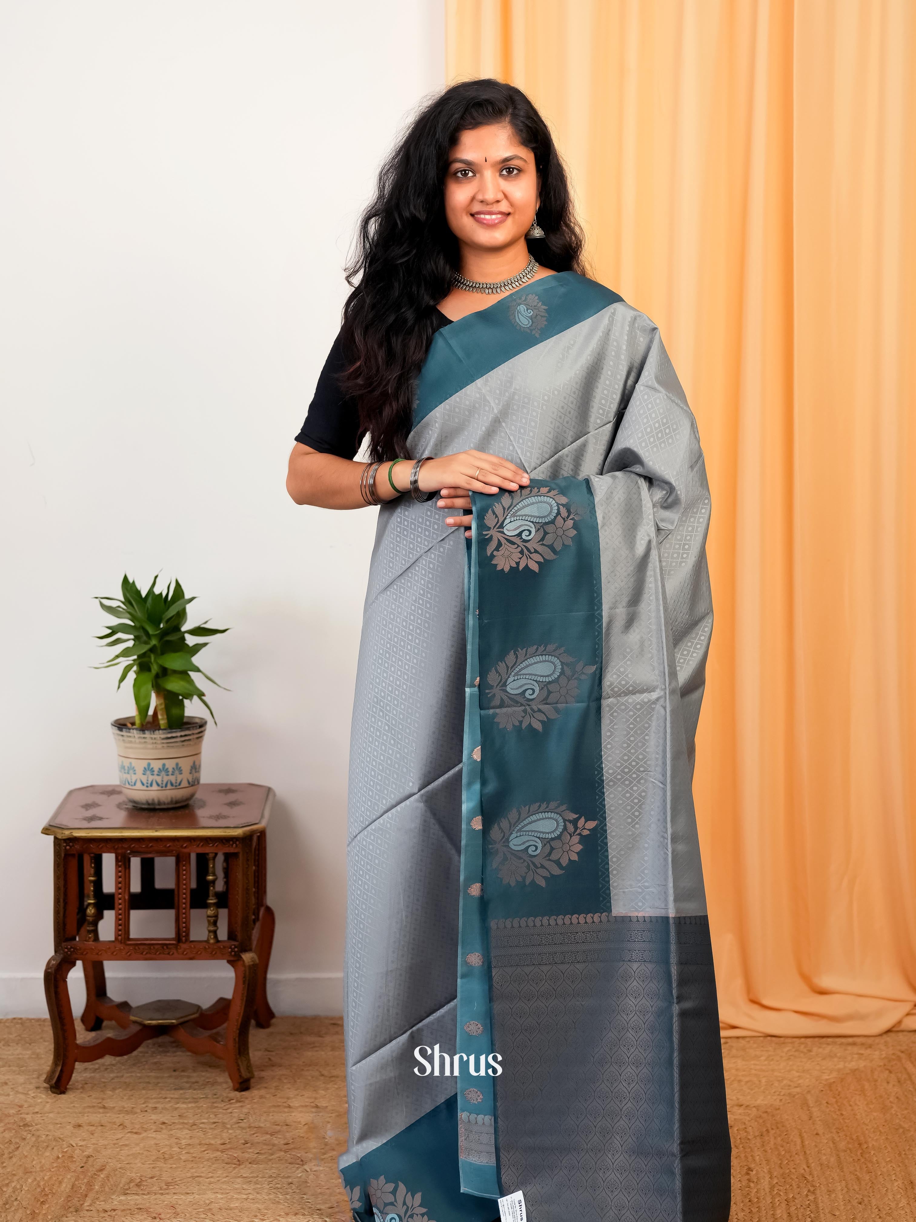 Grey & Blue - Semi Softsilk Saree - Shop on Shrus.com