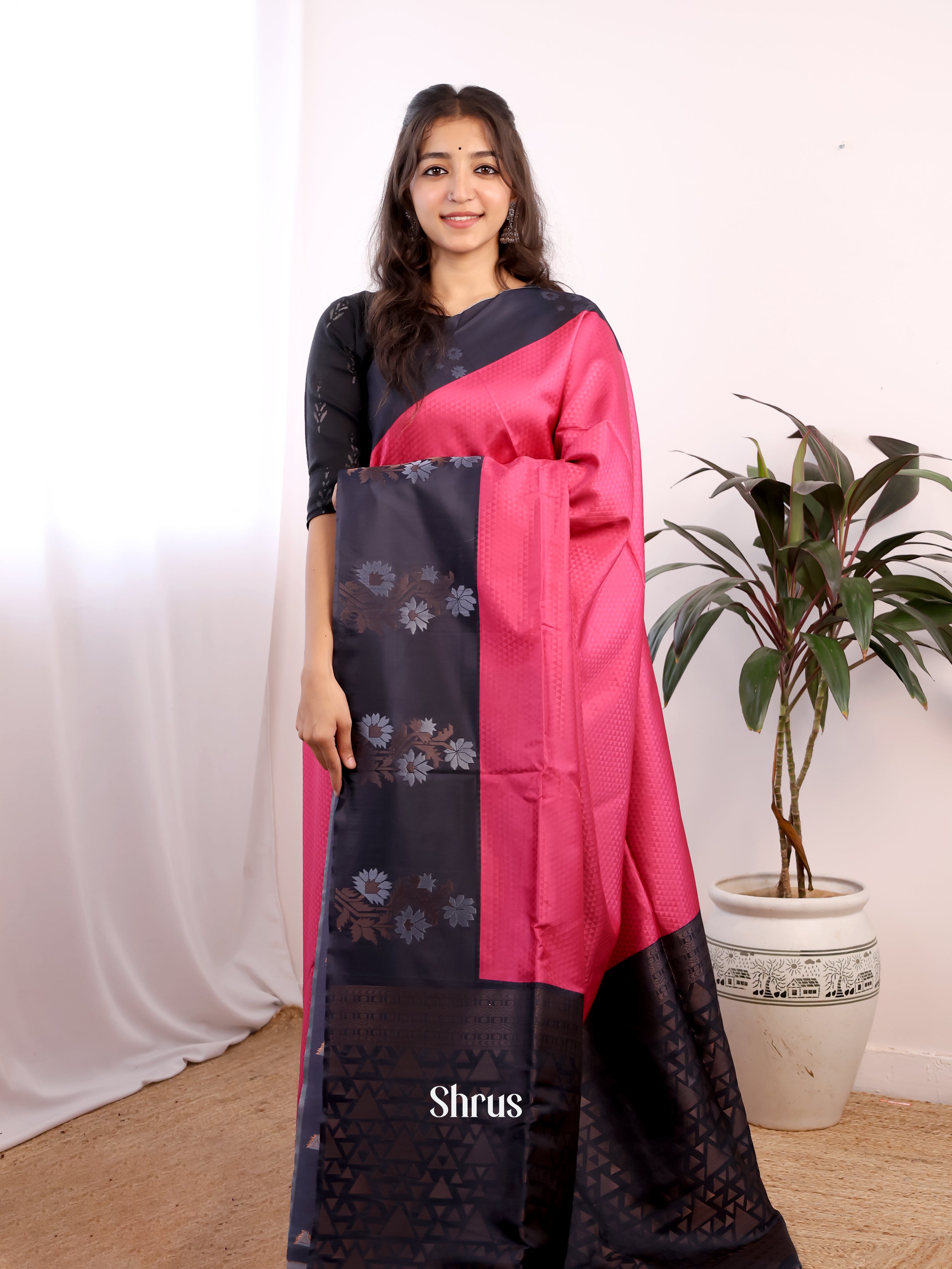 Pink & Black - Semi Softsilk Saree - Shop on Shrus.com