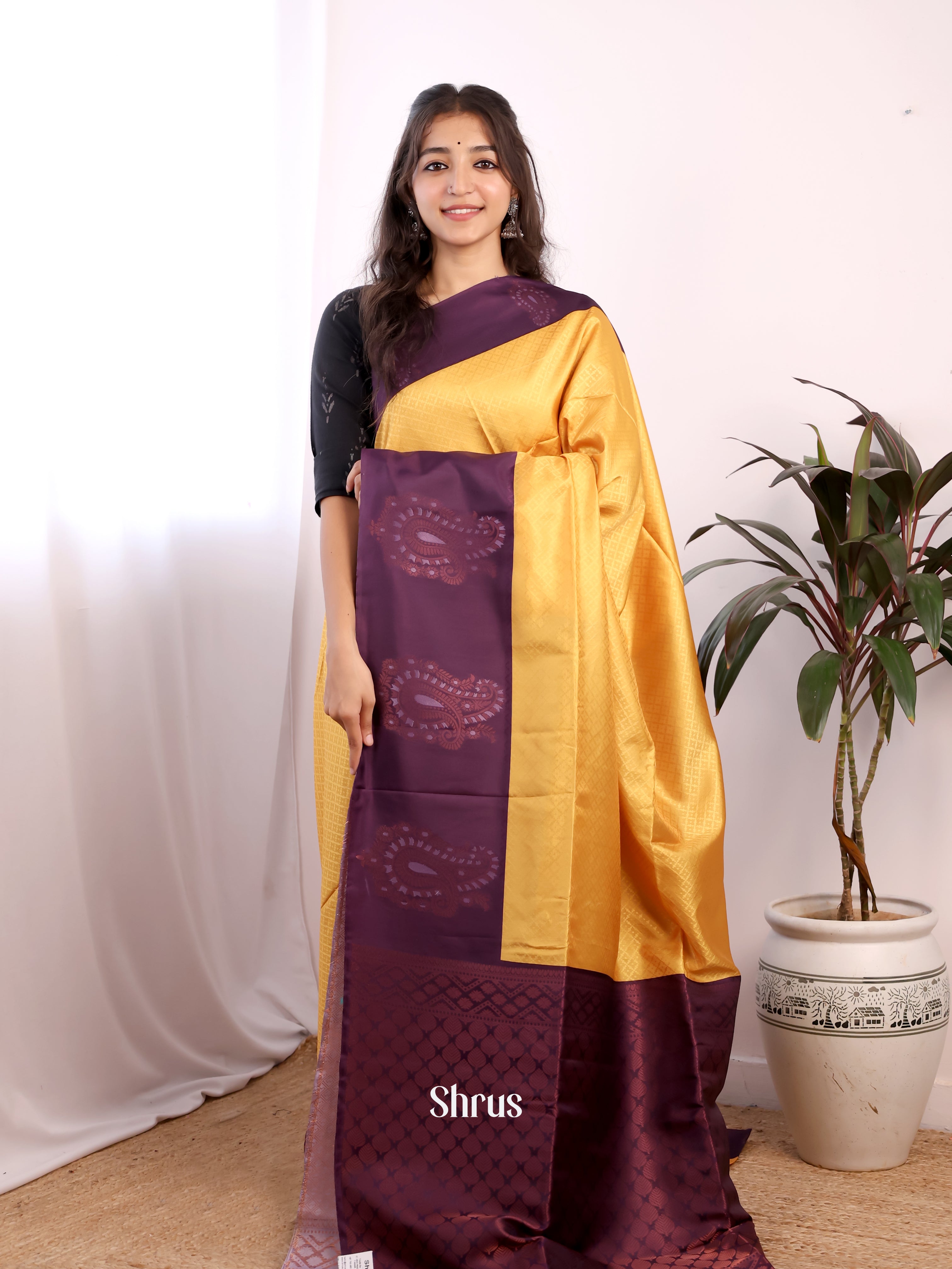 Golden Yellow & Purple - Semi Softsilk Saree - Shop on Shrus.com
