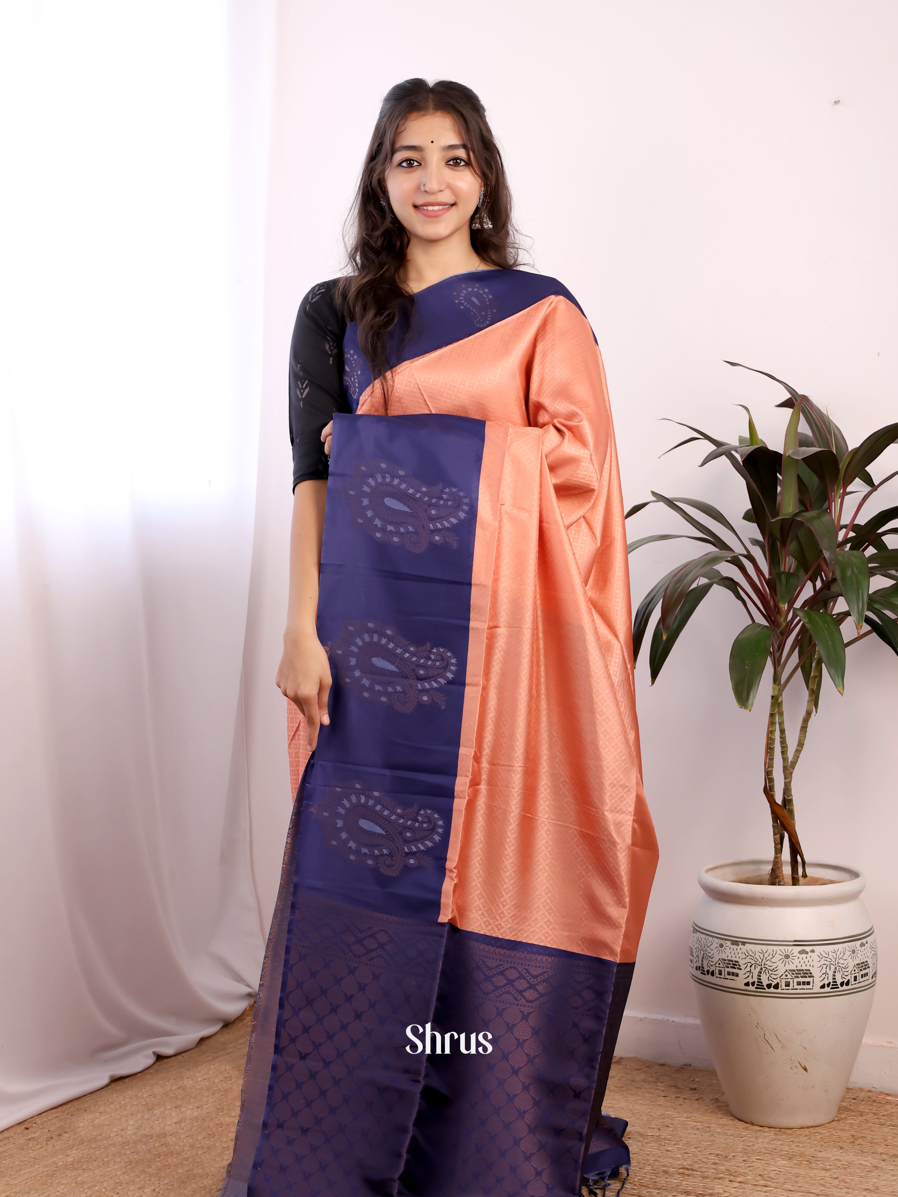 Peach & Blue - Semi Softsilk Saree - Shop on Shrus.com