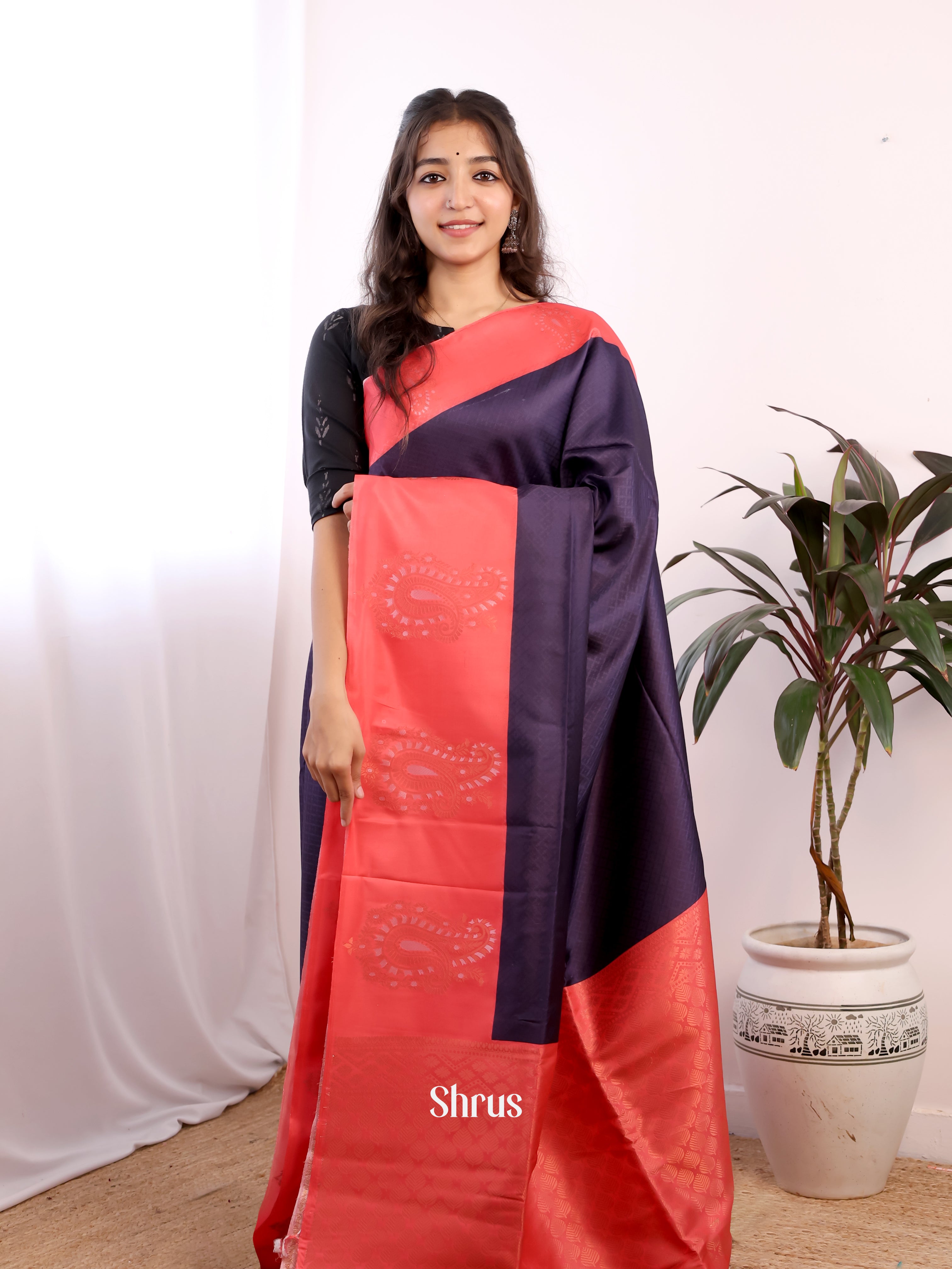 Violet & Red - Semi Softsilk Saree - Shop on Shrus.com