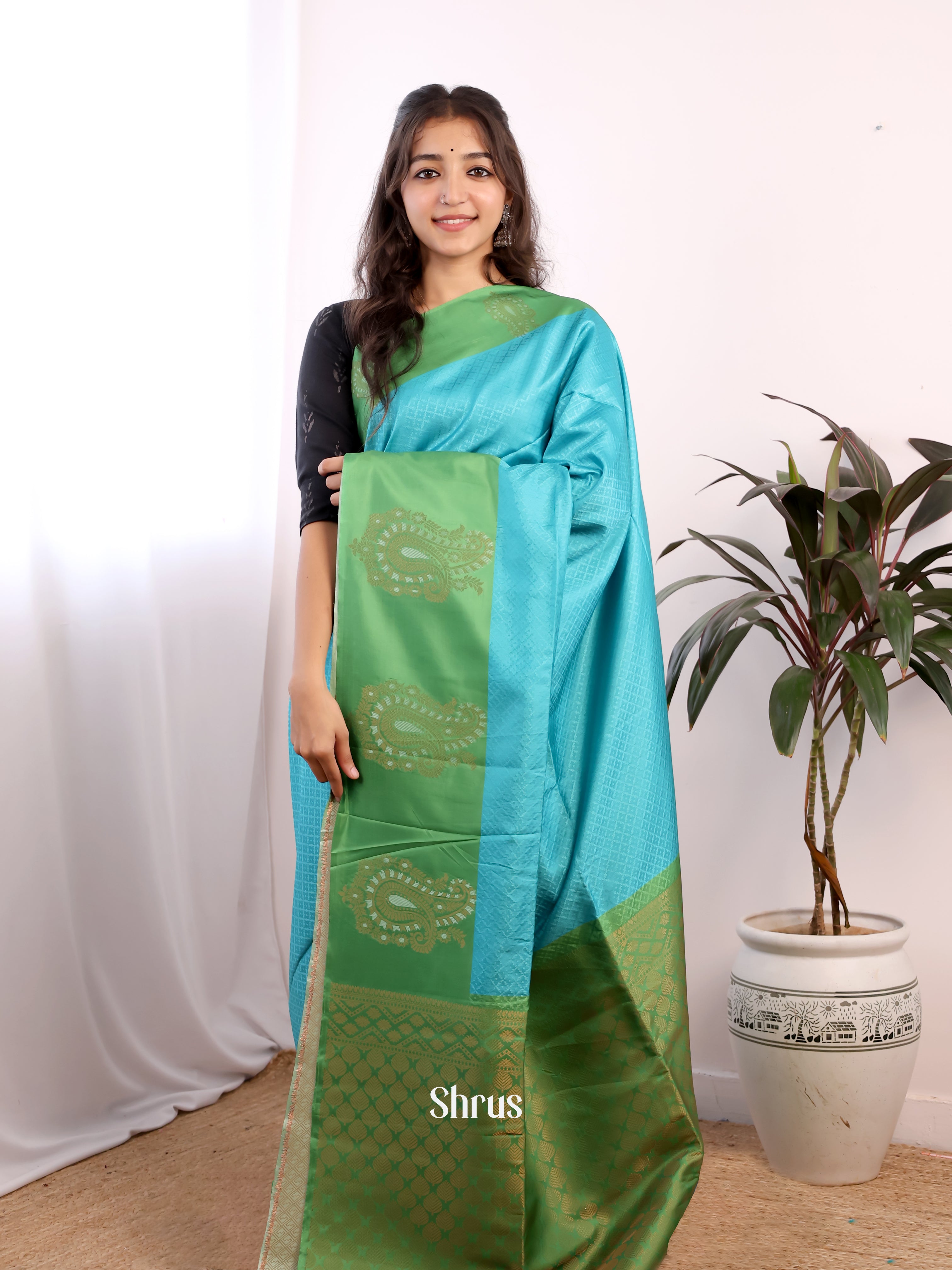 Blue & Green - Semi Softsilk Saree - Shop on Shrus.com
