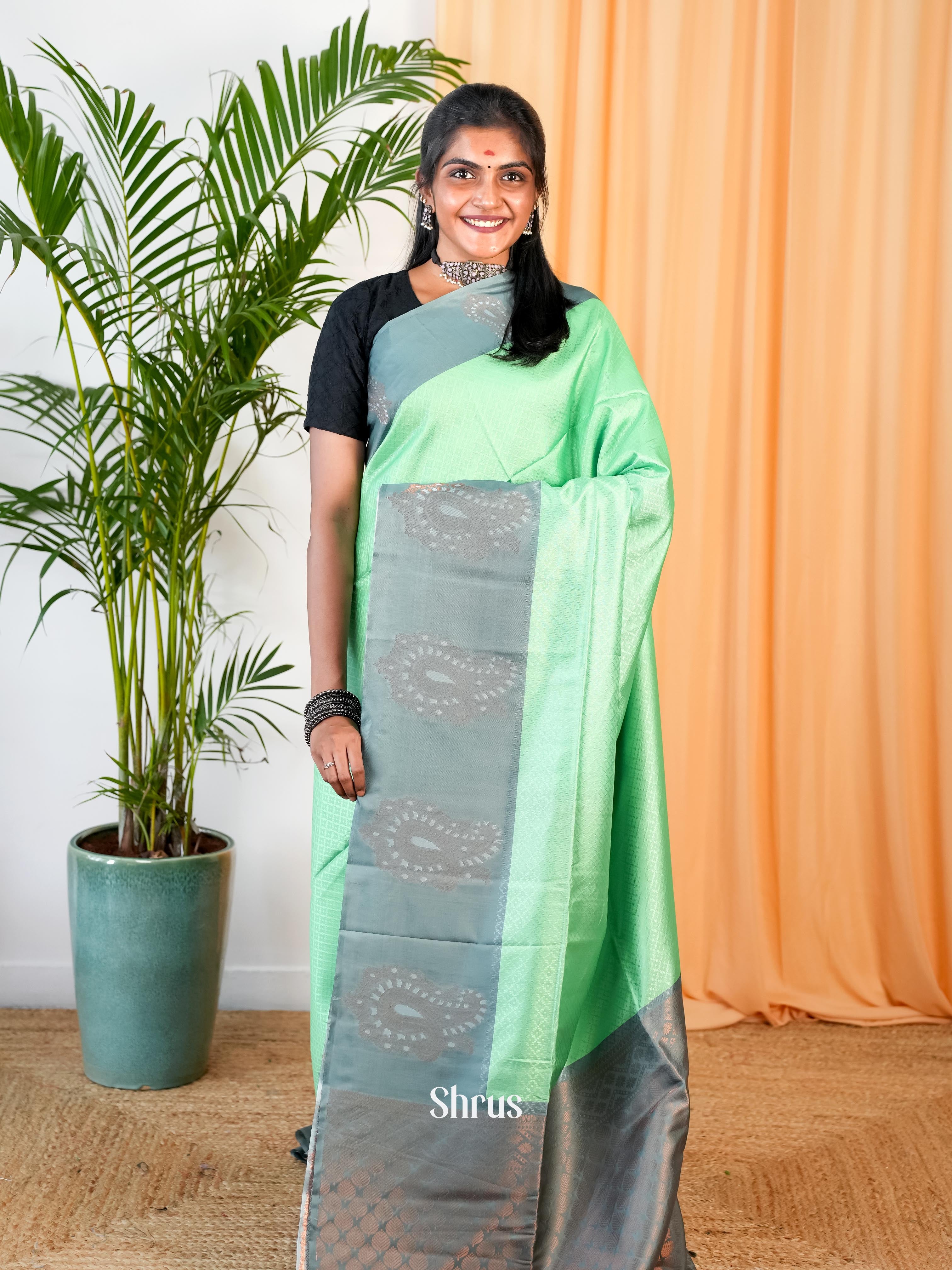 Pista Green & Grey- Semi Softsilk Saree - Shop on Shrus.com