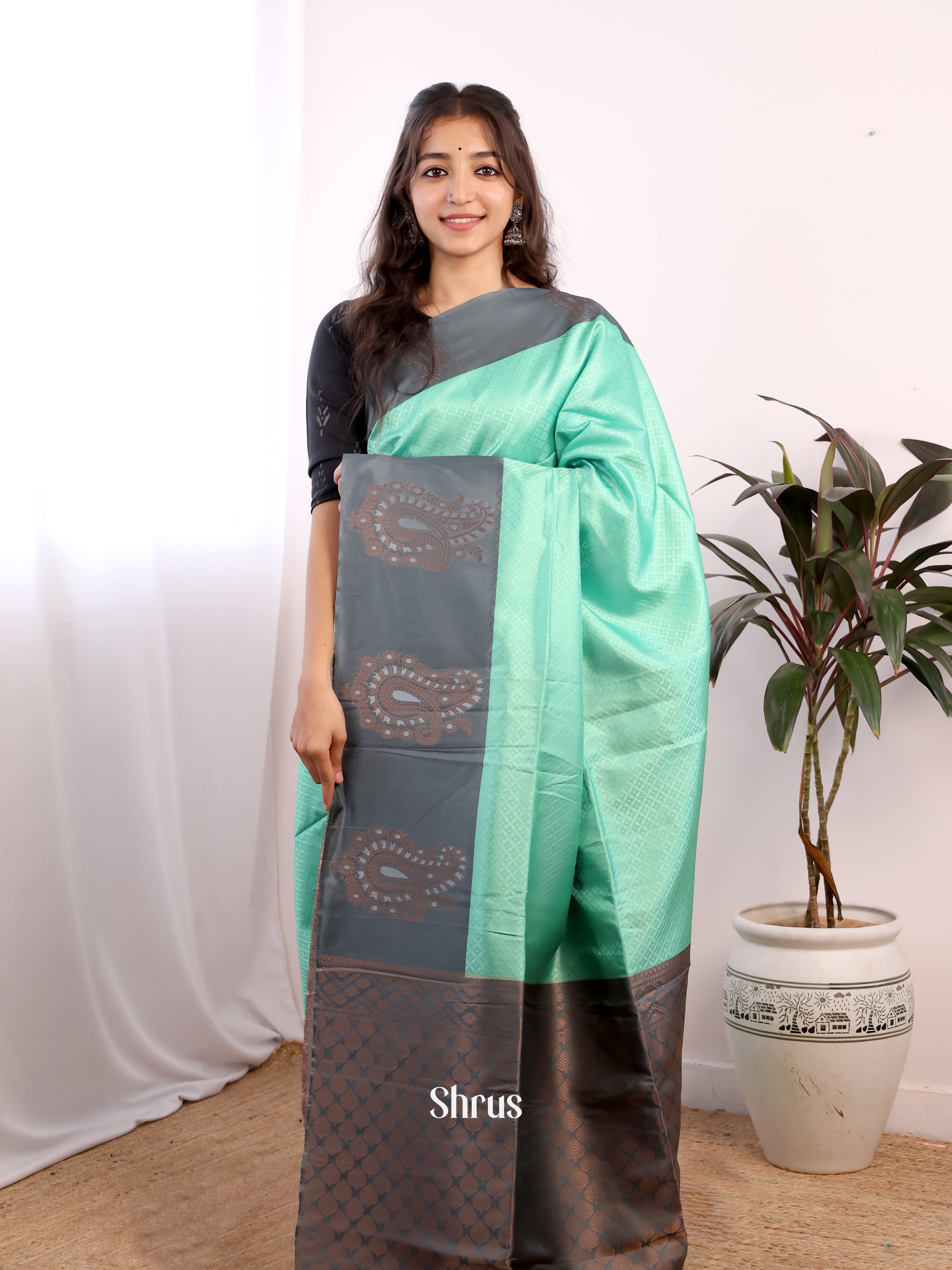 Pastel Green & Grey- Semi Softsilk Saree - Shop on Shrus.com