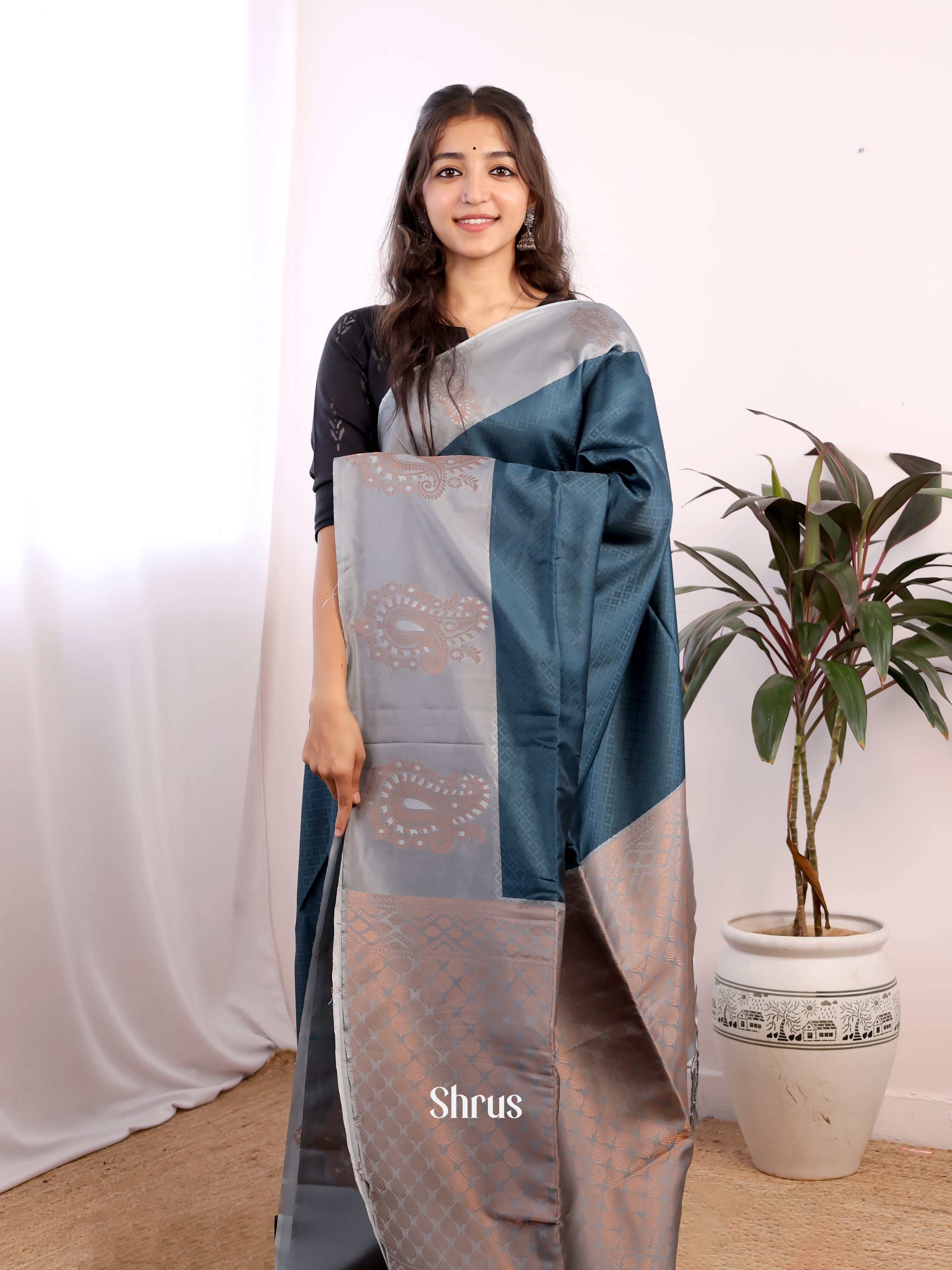 Blue & Grey - Semi Softsilk Saree - Shop on Shrus.com