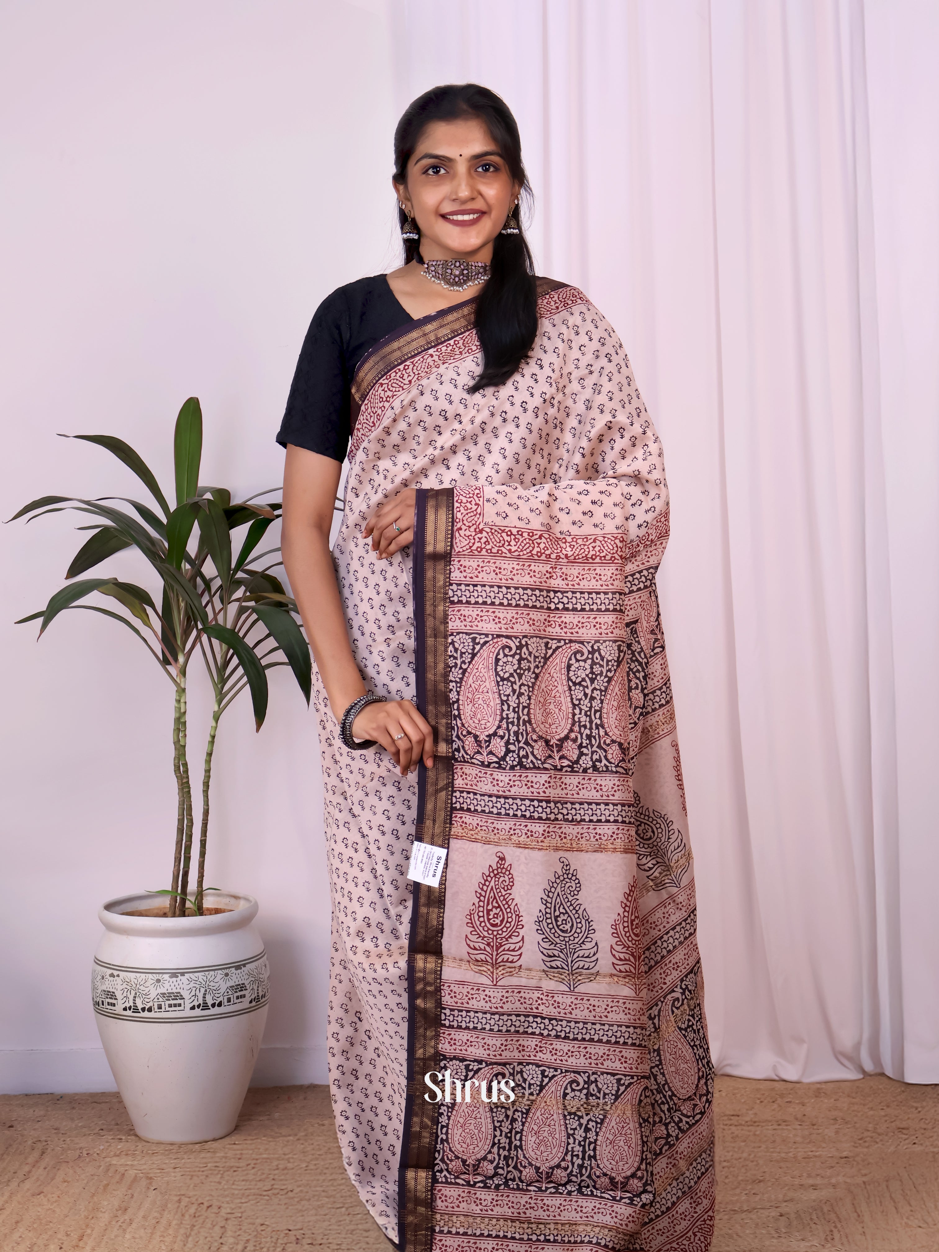 Baby Pink & Brown - Maheshwari silkcotton Saree - Shop on Shrus.com