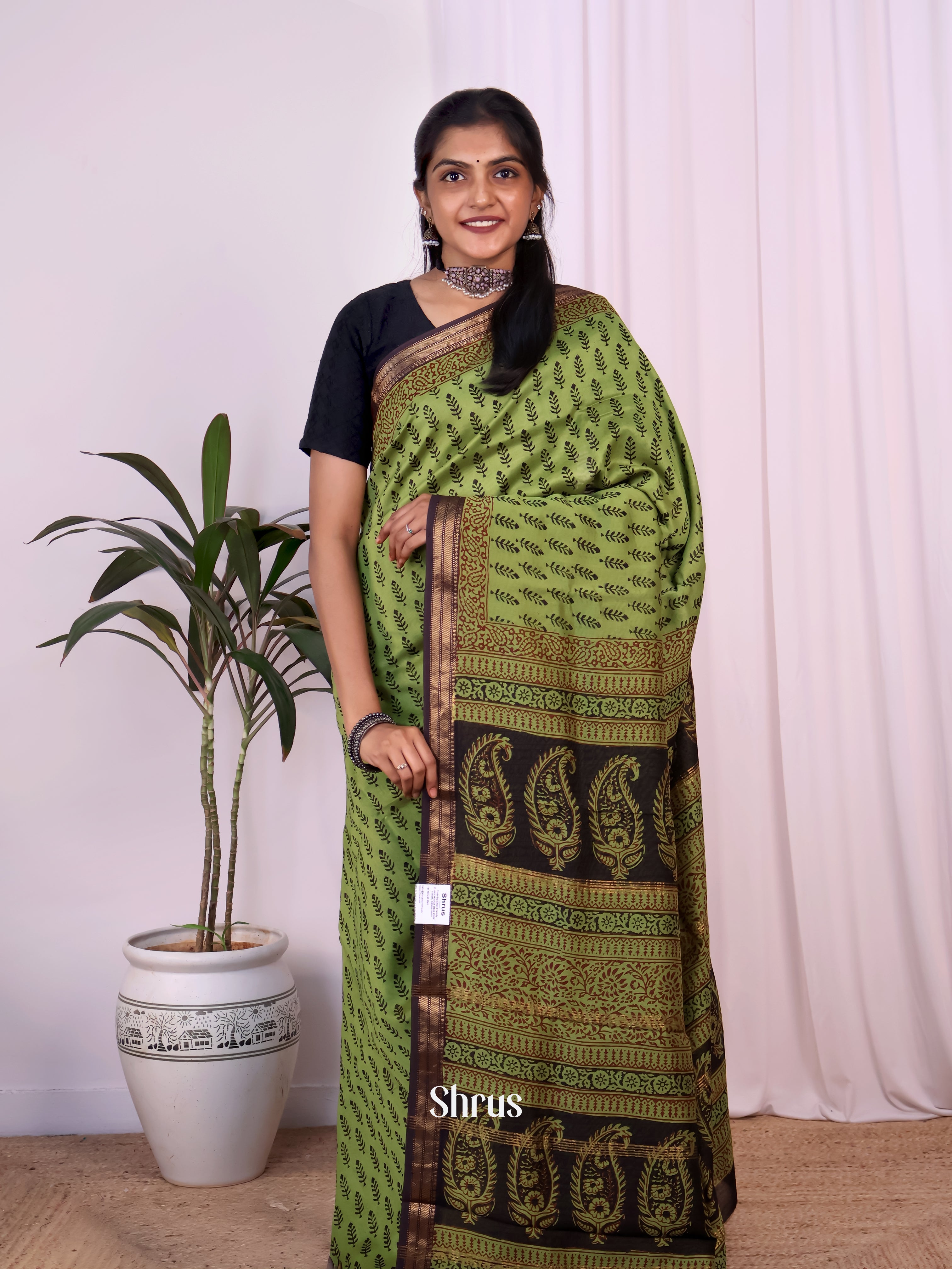 Green & Brown - Maheshwari silkcotton Saree - Shop on Shrus.com