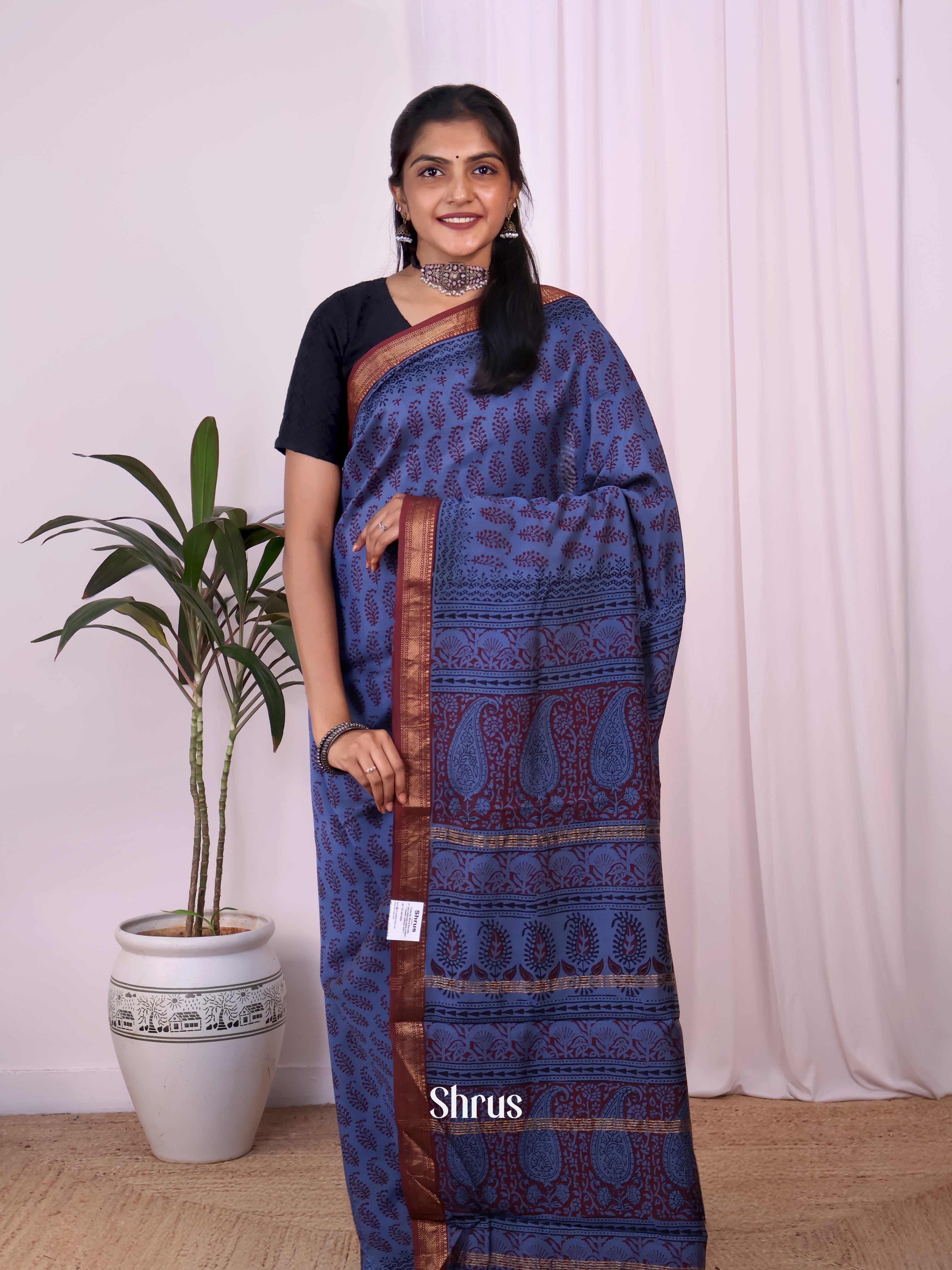 Blue & Maroon - Maheshwari silkcotton Saree - Shop on Shrus.com