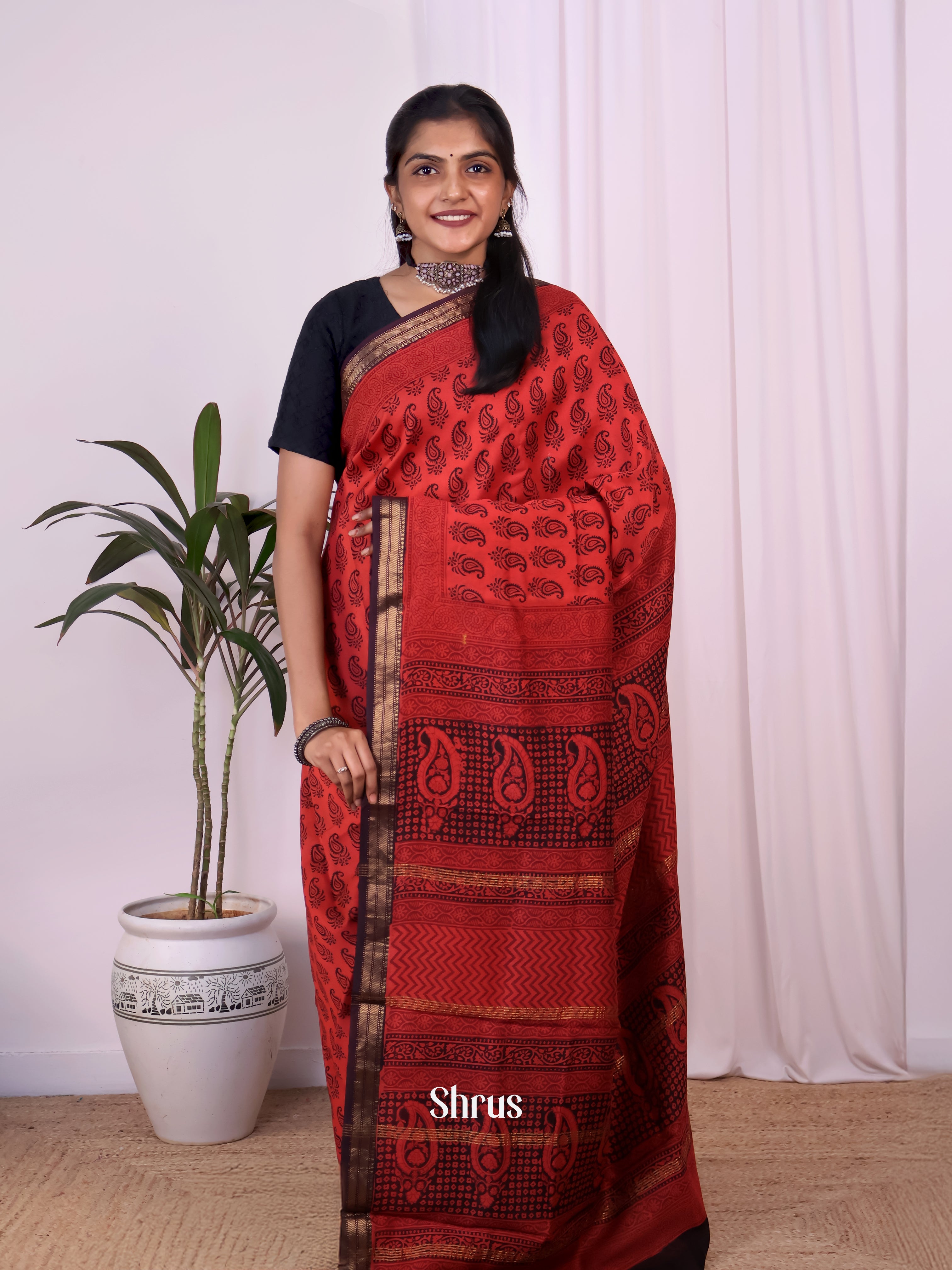 Red & Brown - Maheshwari silkcotton Saree - Shop on Shrus.com