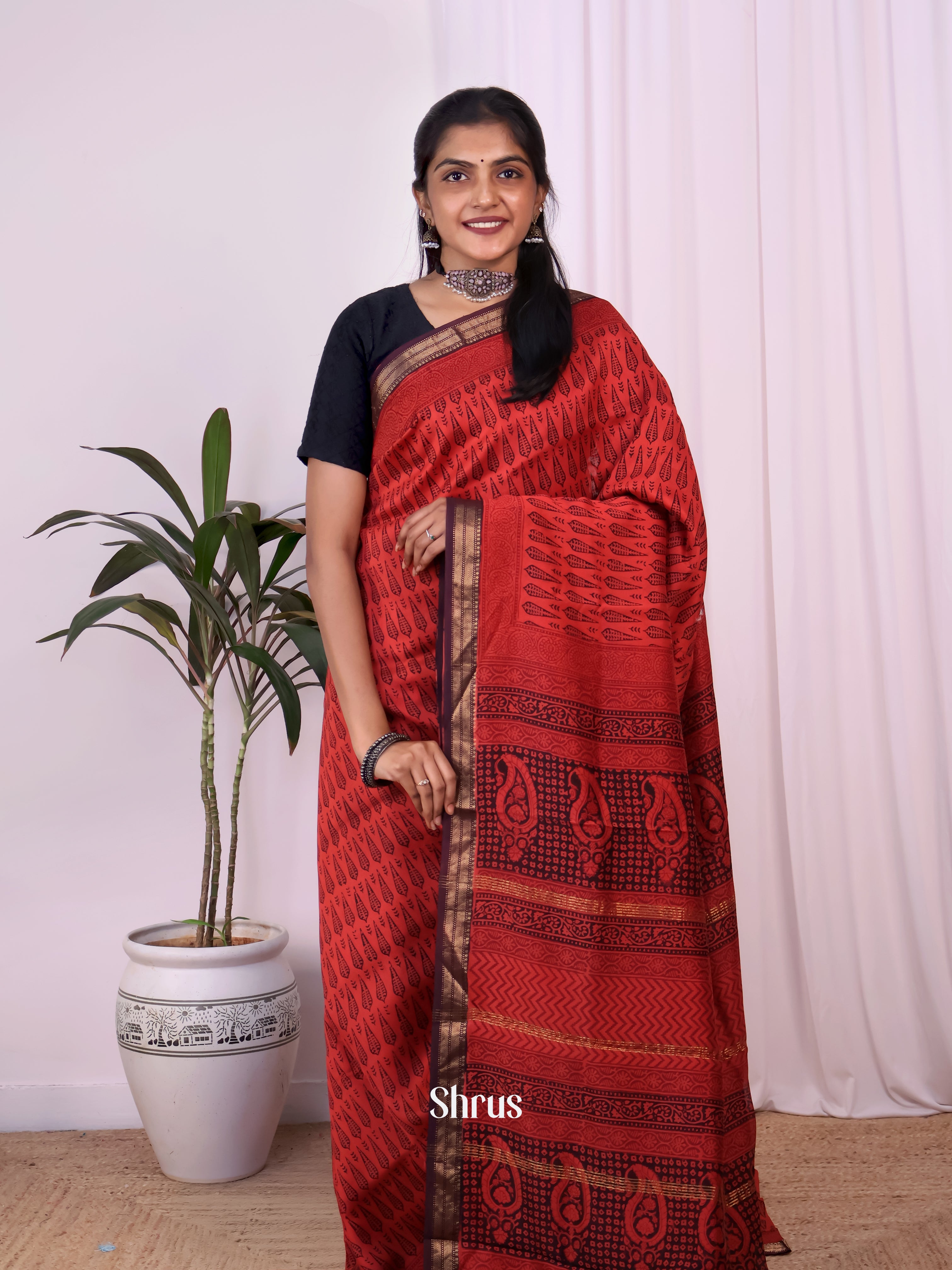 Red & Brown- Maheshwari silkcotton Saree - Shop on Shrus.com