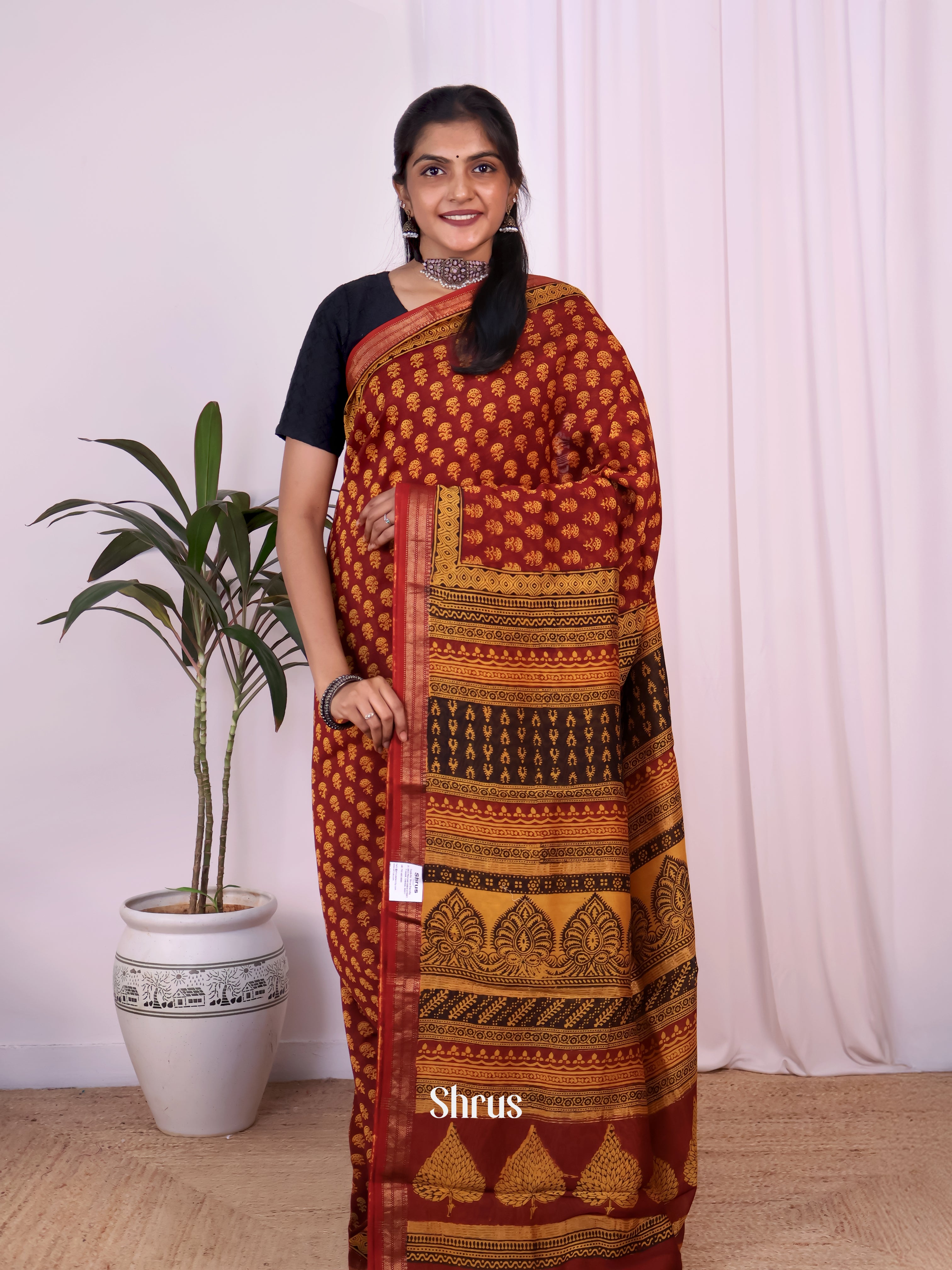 Red & Yellow - Maheshwari silkcotton Saree - Shop on Shrus.com