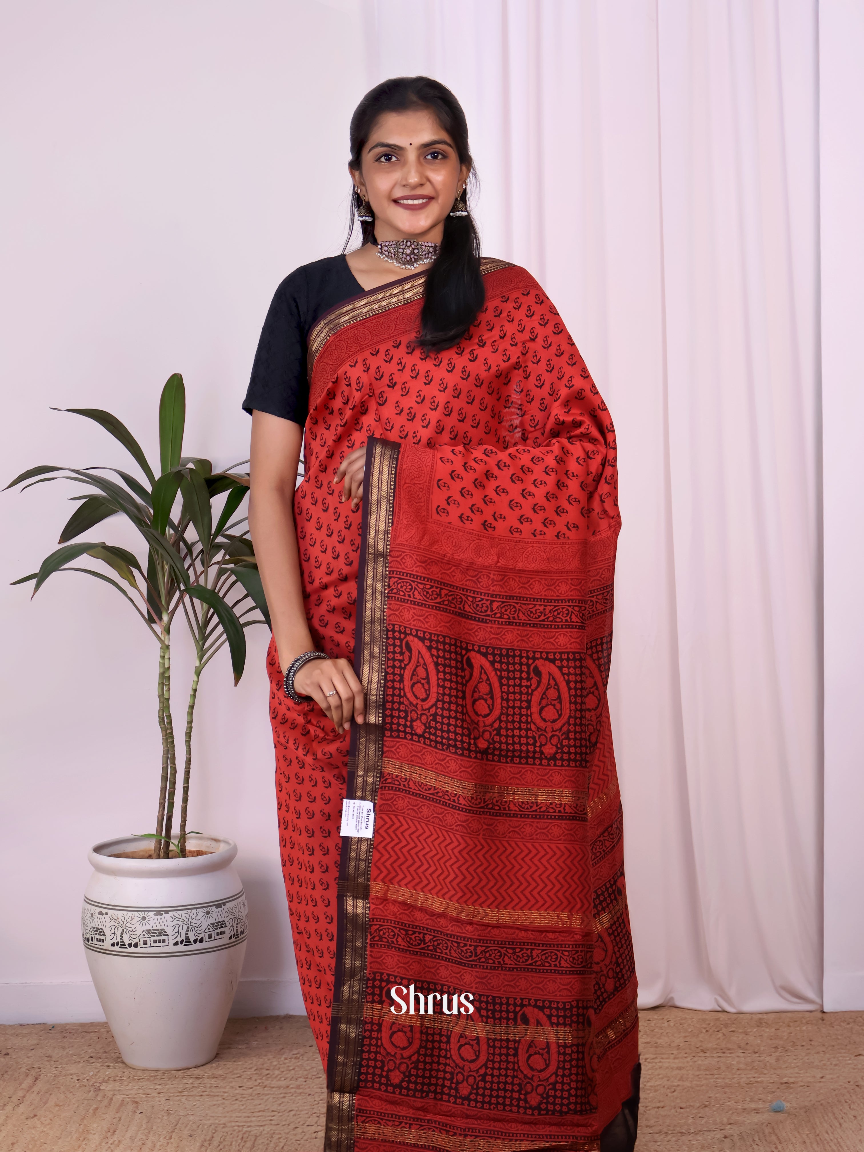 Red & Brown - Maheshwari silkcotton Saree - Shop on Shrus.com