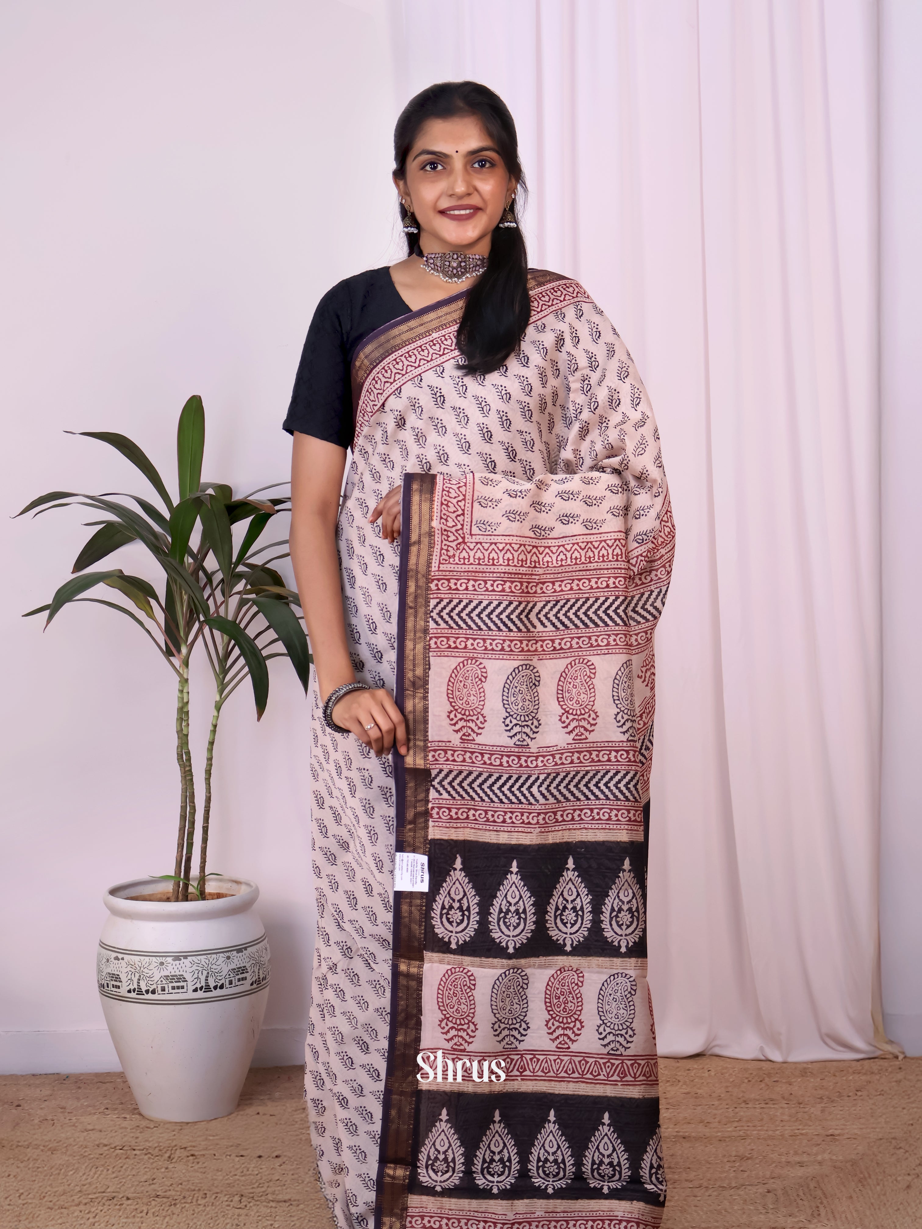 Lite Pink & Brown - Maheshwari silkcotton Saree - Shop on Shrus.com