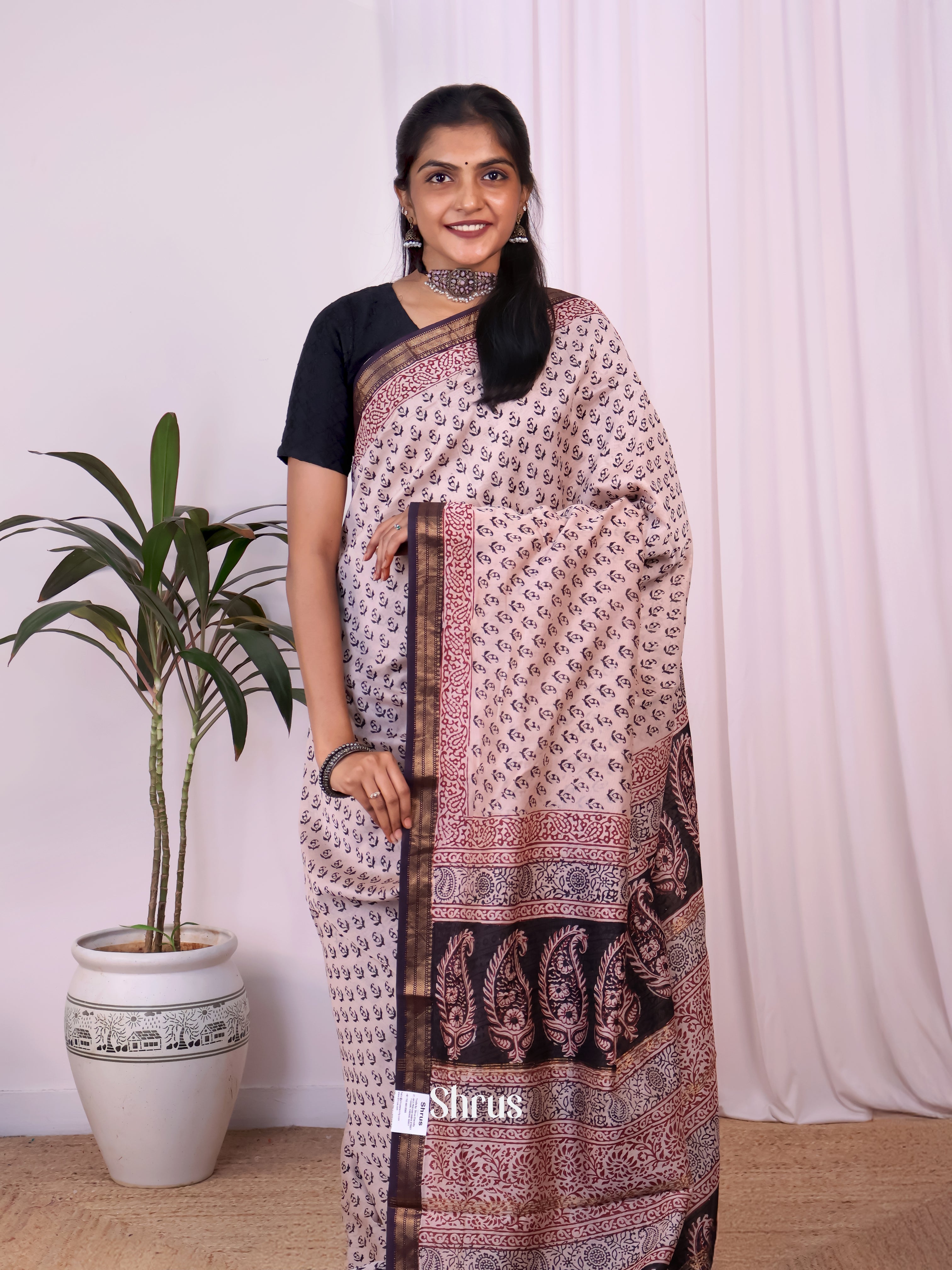 Lite Pink & Brown - Maheshwari silkcotton Saree - Shop on Shrus.com
