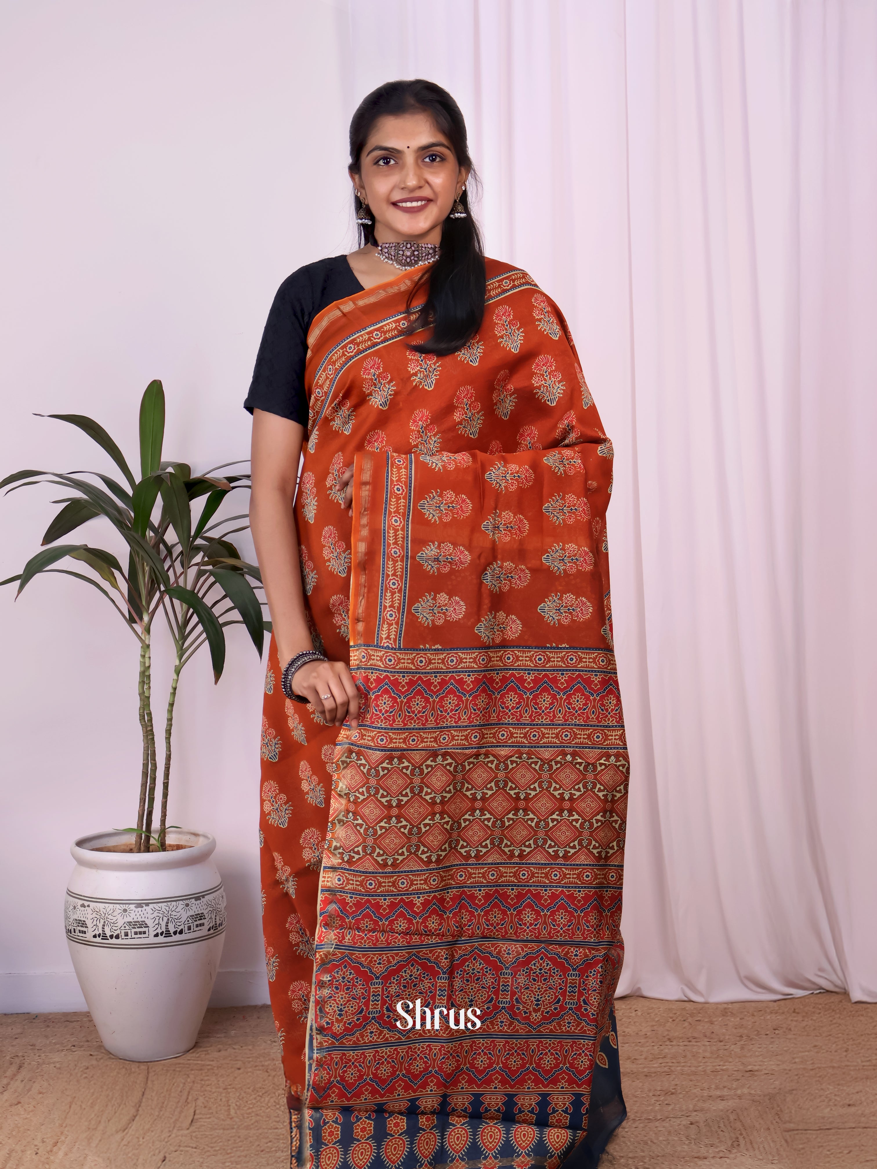 Brick & Blue - Maheshwari silkcotton Saree - Shop on Shrus.com