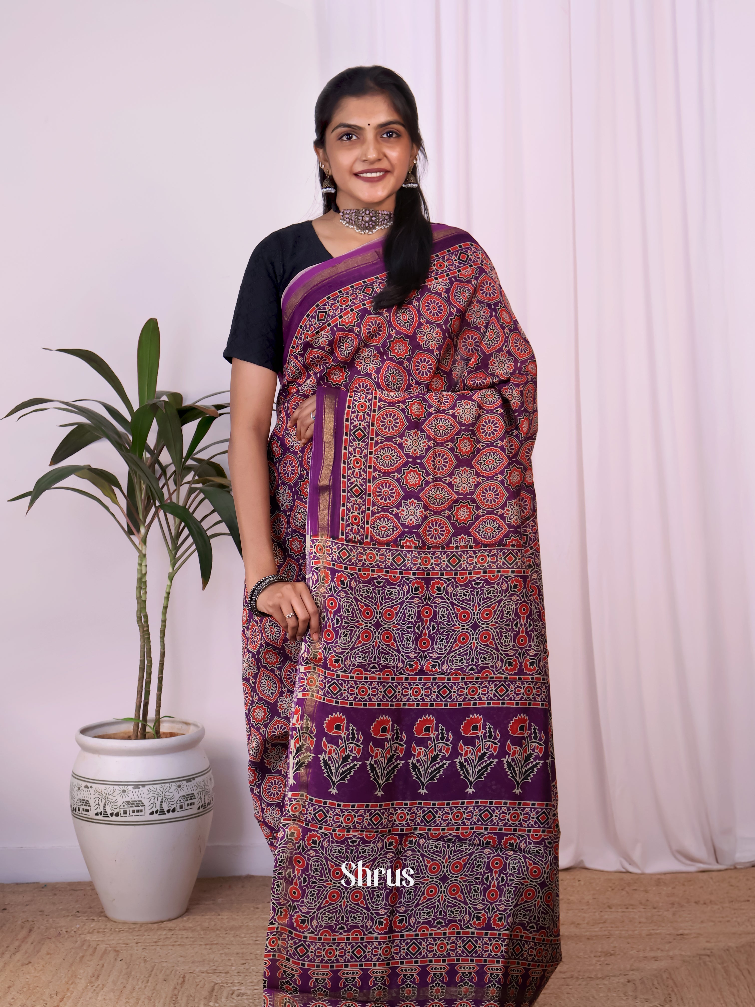 Purple - Maheshwari silkcotton Saree - Shop on Shrus.com