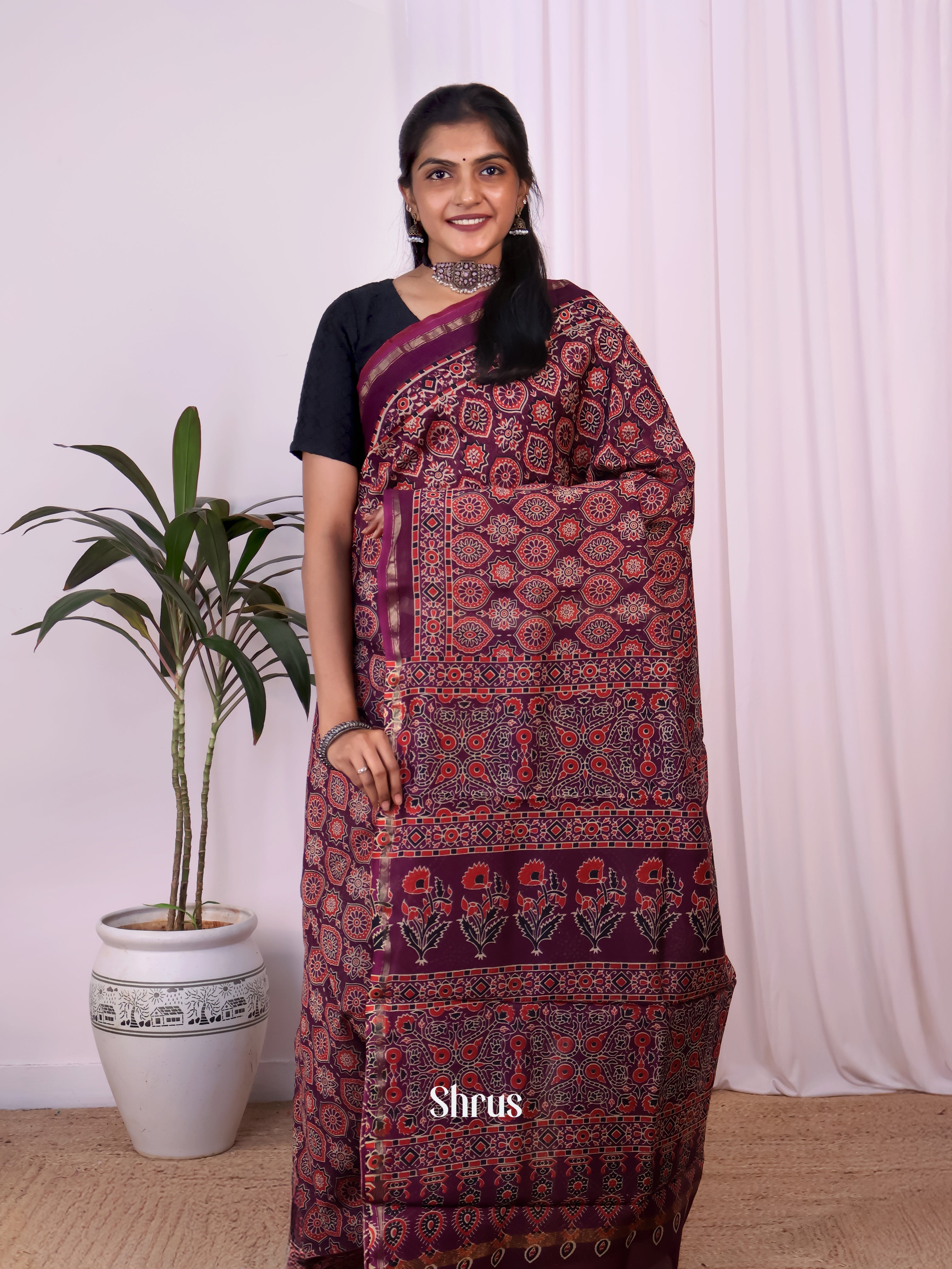 Purple - Maheshwari silkcotton Saree - Shop on Shrus.com