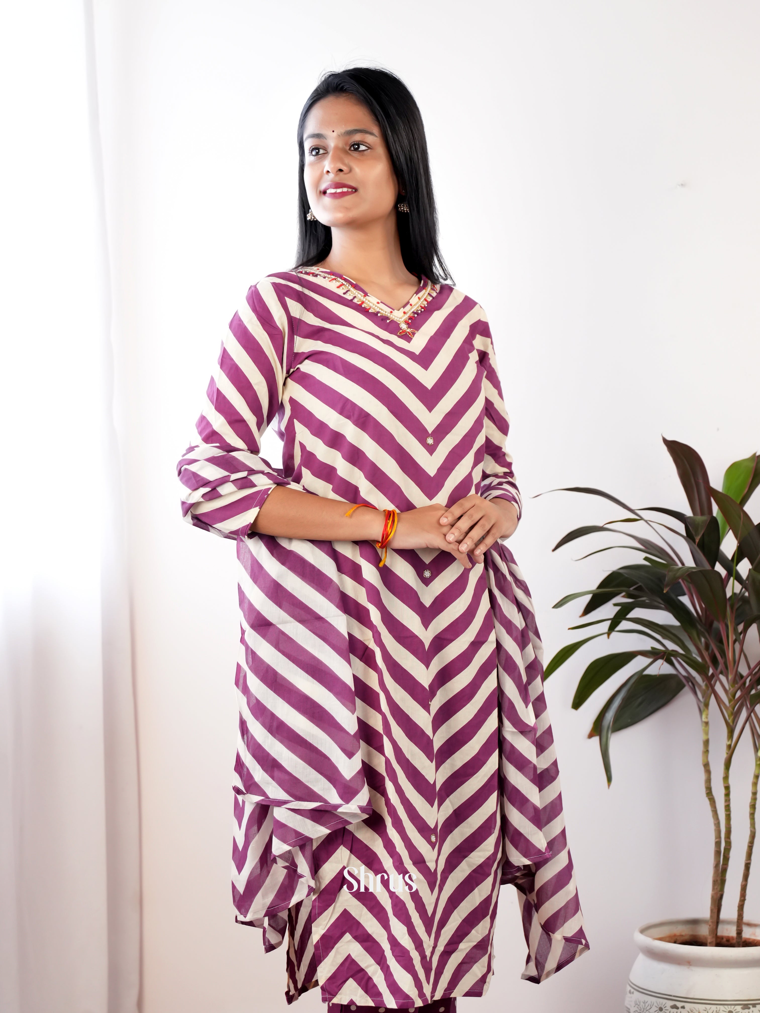 Purple & Cream -3pc Rayon Readymade Suits - Shop on Shrus.com