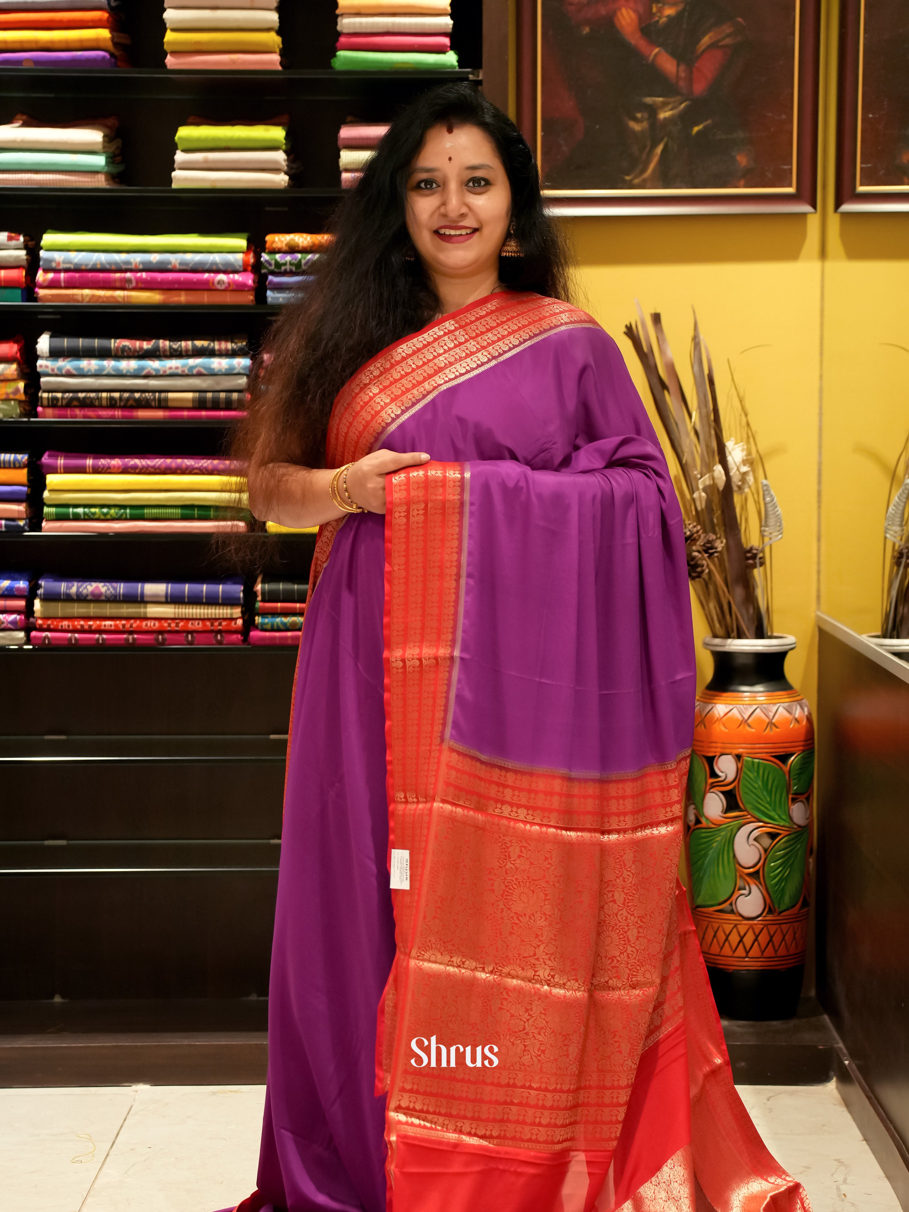 Purple & Red - Mysoresilk-halfpure Saree - Shop on Shrus.com