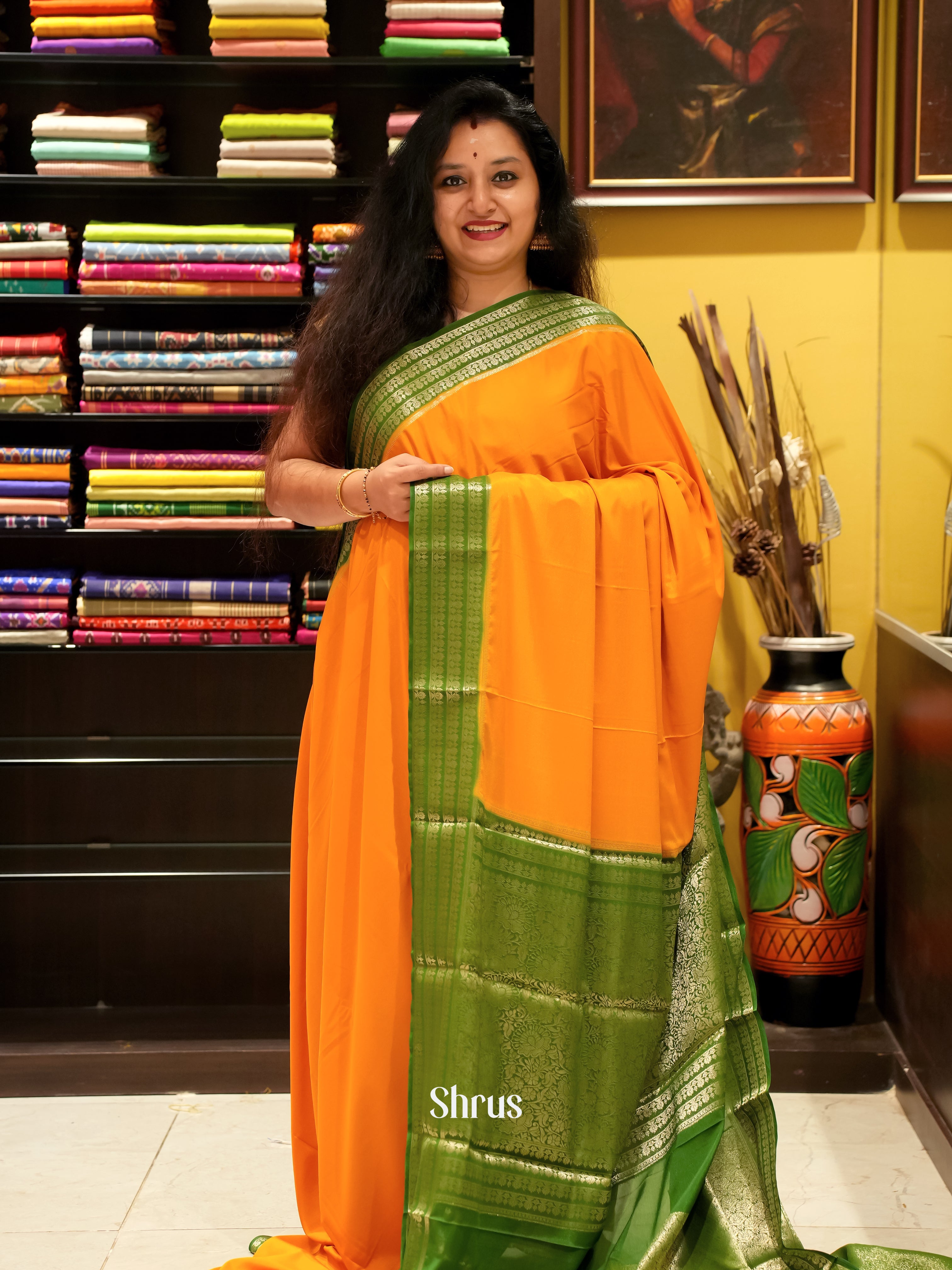 Orange & Green - Mysoresilk-halfpure Saree - Shop on Shrus.com