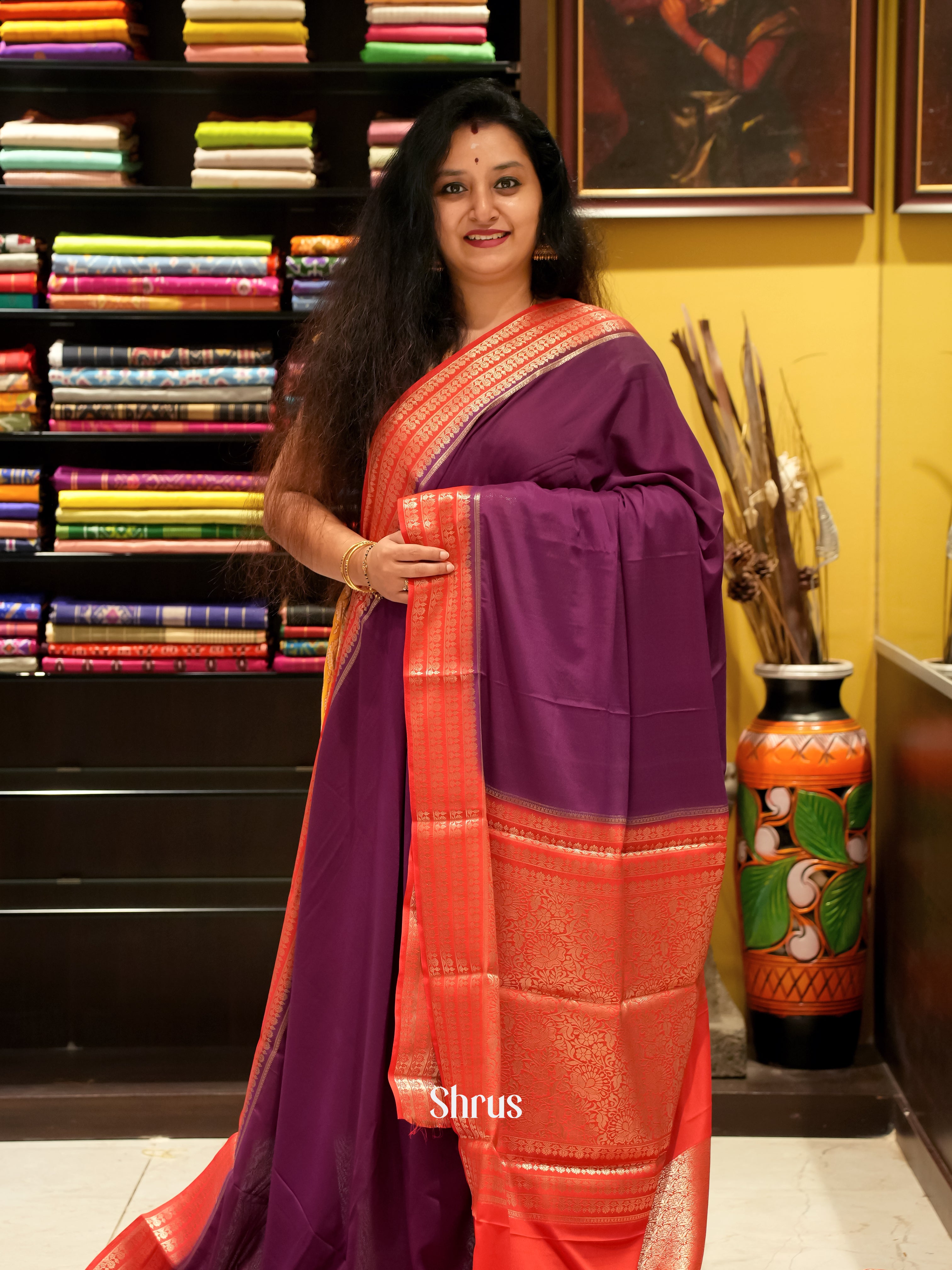Purple & Red - Mysoresilk-halfpure Saree - Shop on Shrus.com