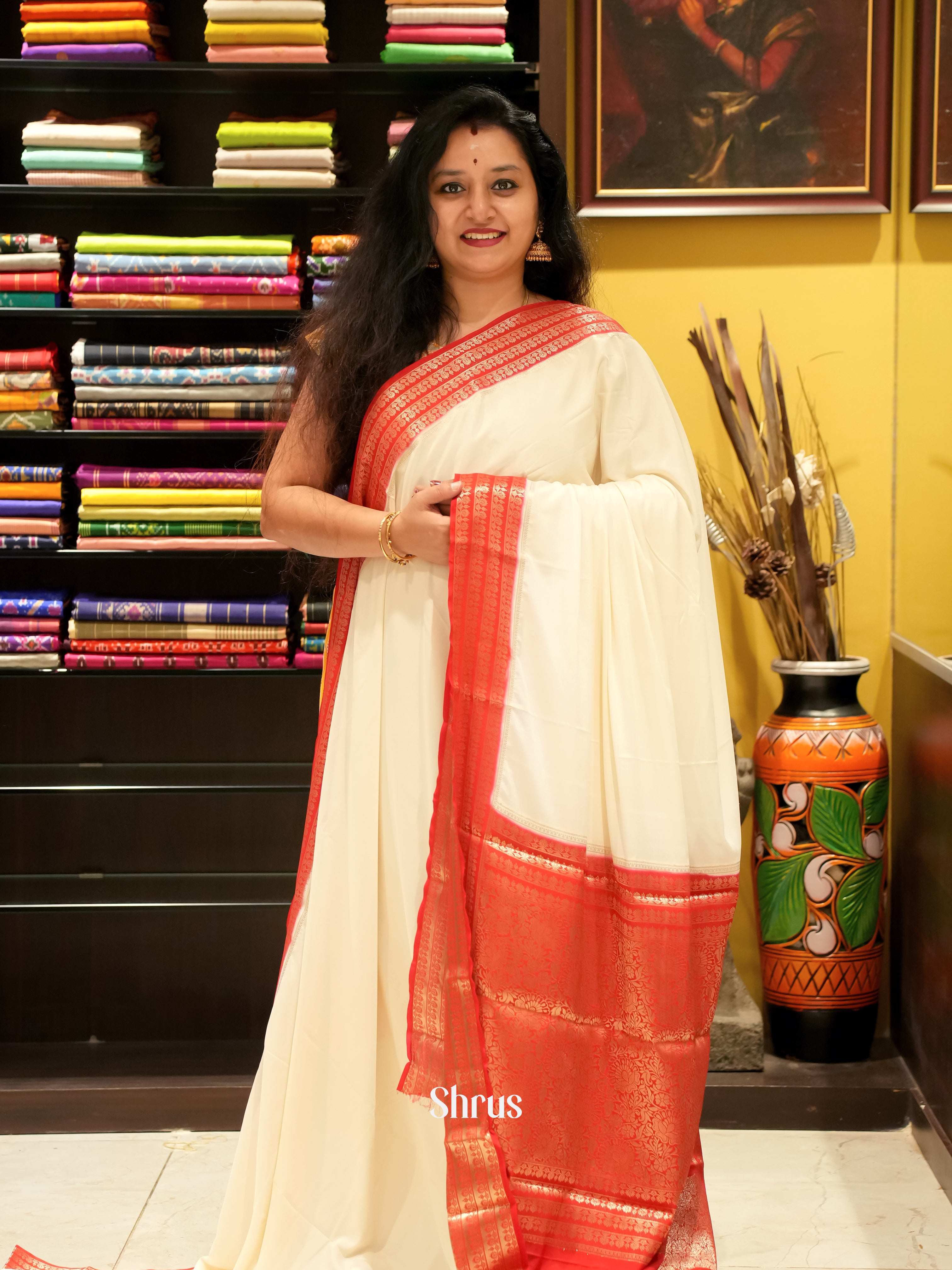 Cream & Red - Mysoresilk-halfpure Saree - Shop on Shrus.com