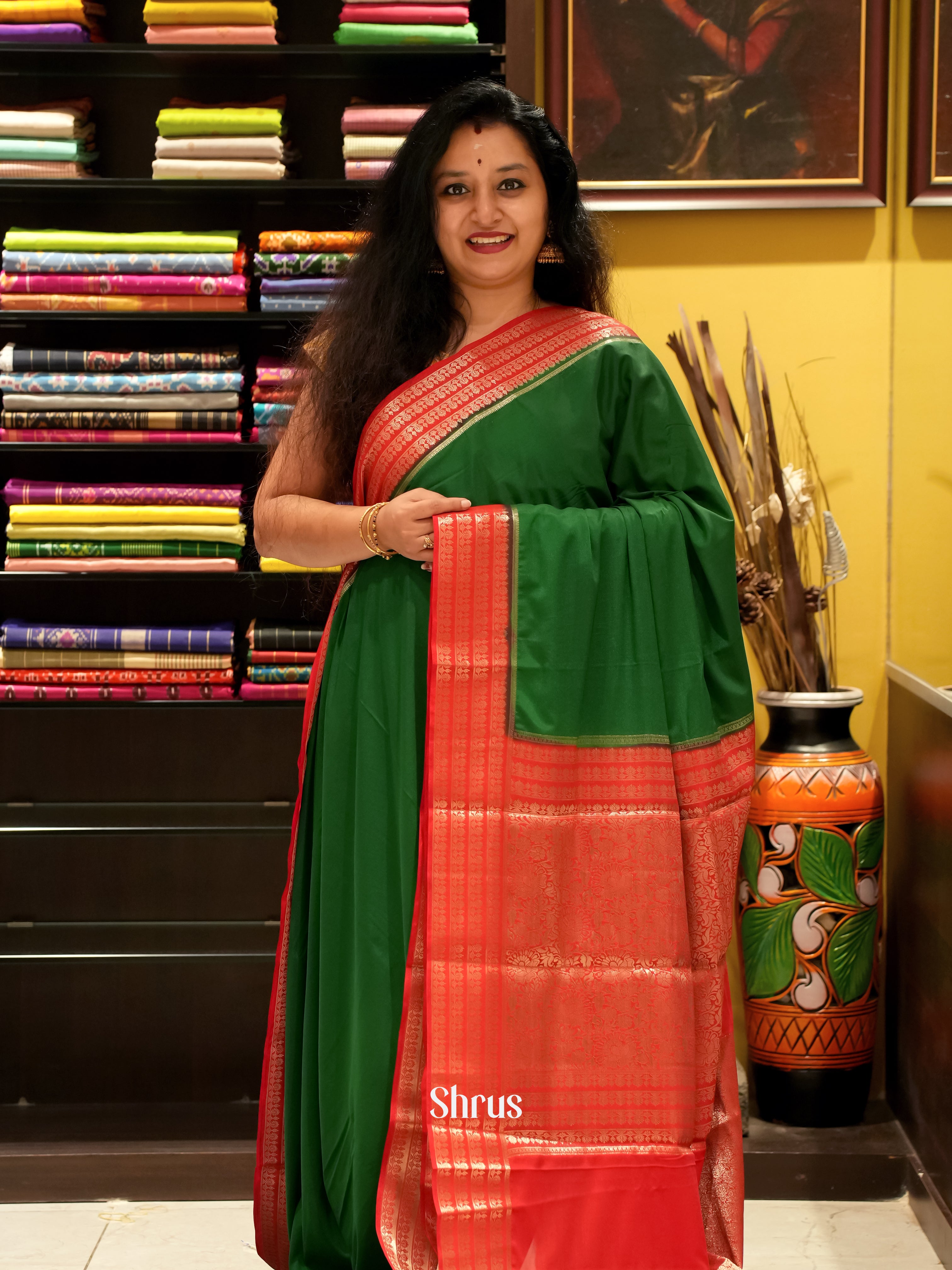 Green & Red - Mysoresilk-halfpure Saree - Shop on Shrus.com