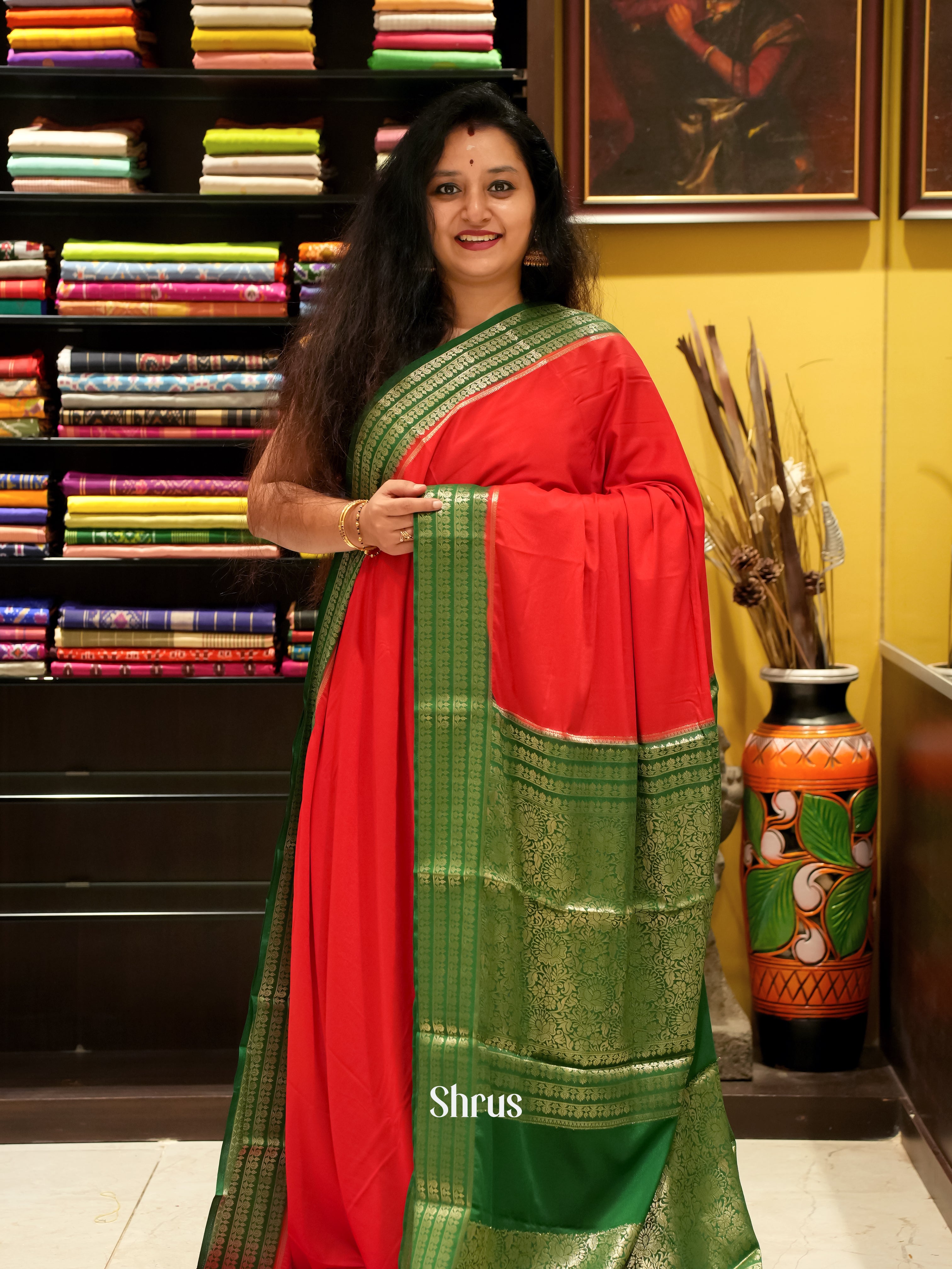 Red & Green - Mysoresilk-halfpure Saree - Shop on Shrus.com