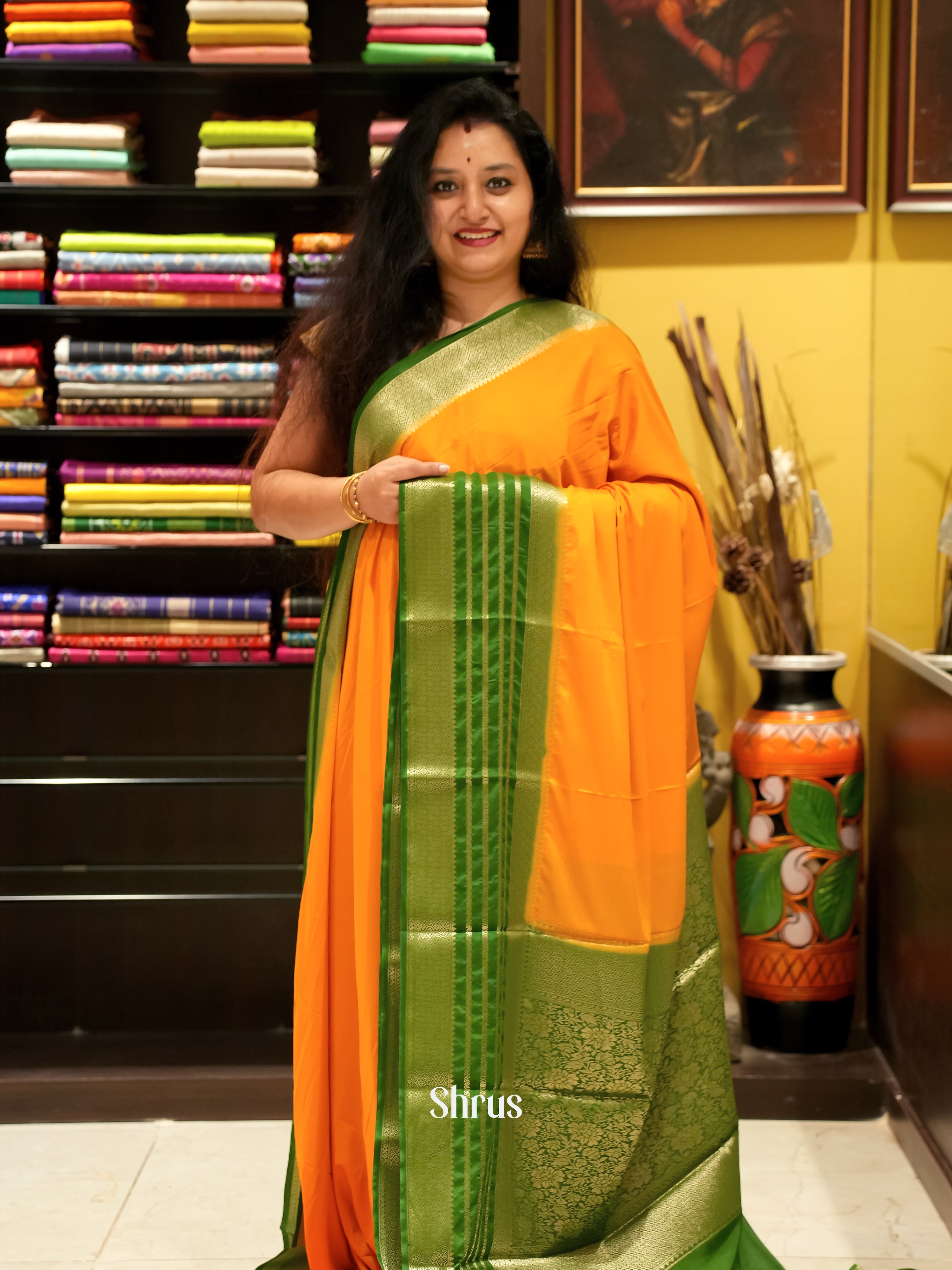 Mambazha Yellow & Green - Mysoresilk-halfpure Saree - Shop on Shrus.com
