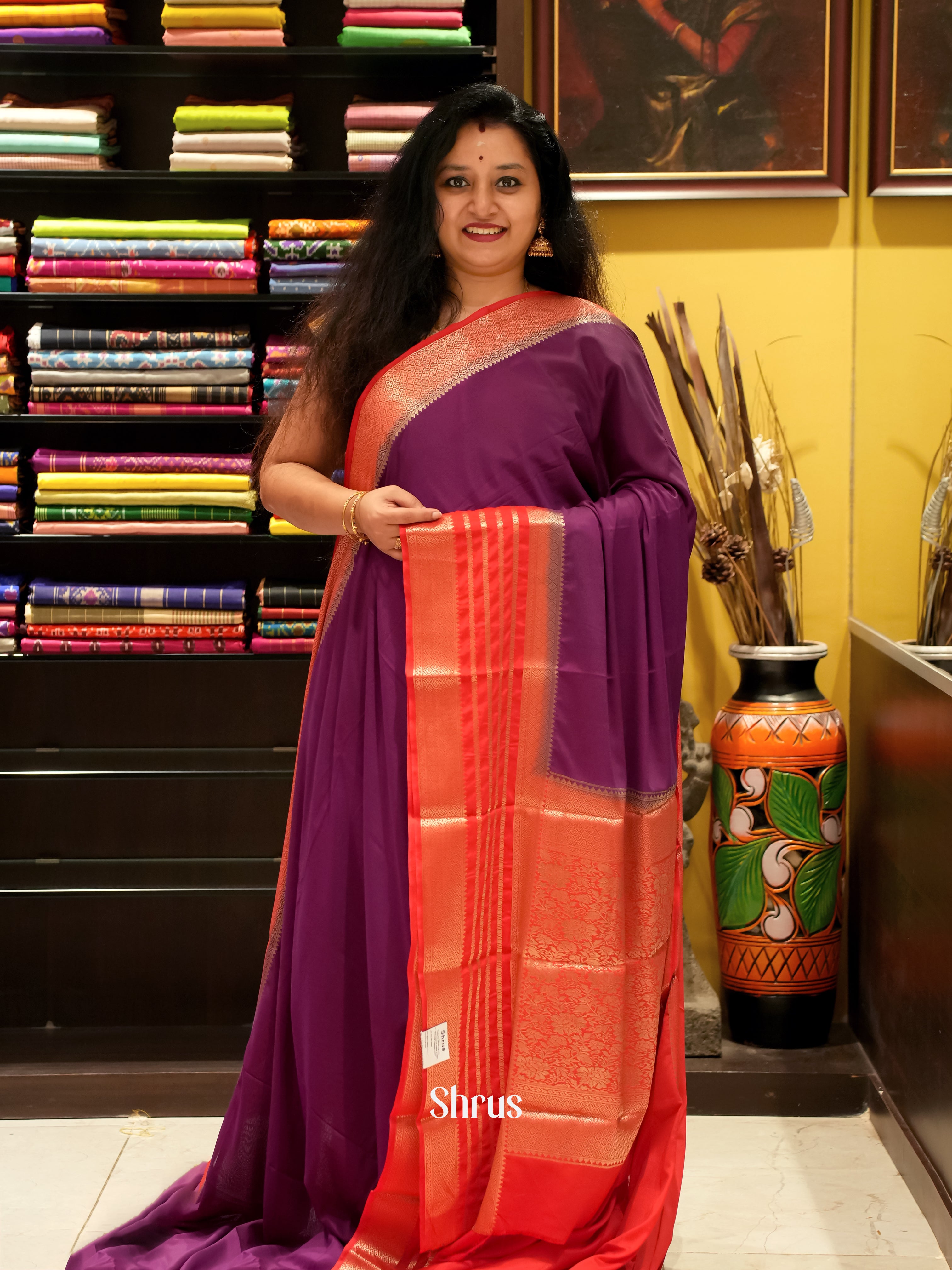 Purple & Red - Mysoresilk-halfpure Saree - Shop on Shrus.com