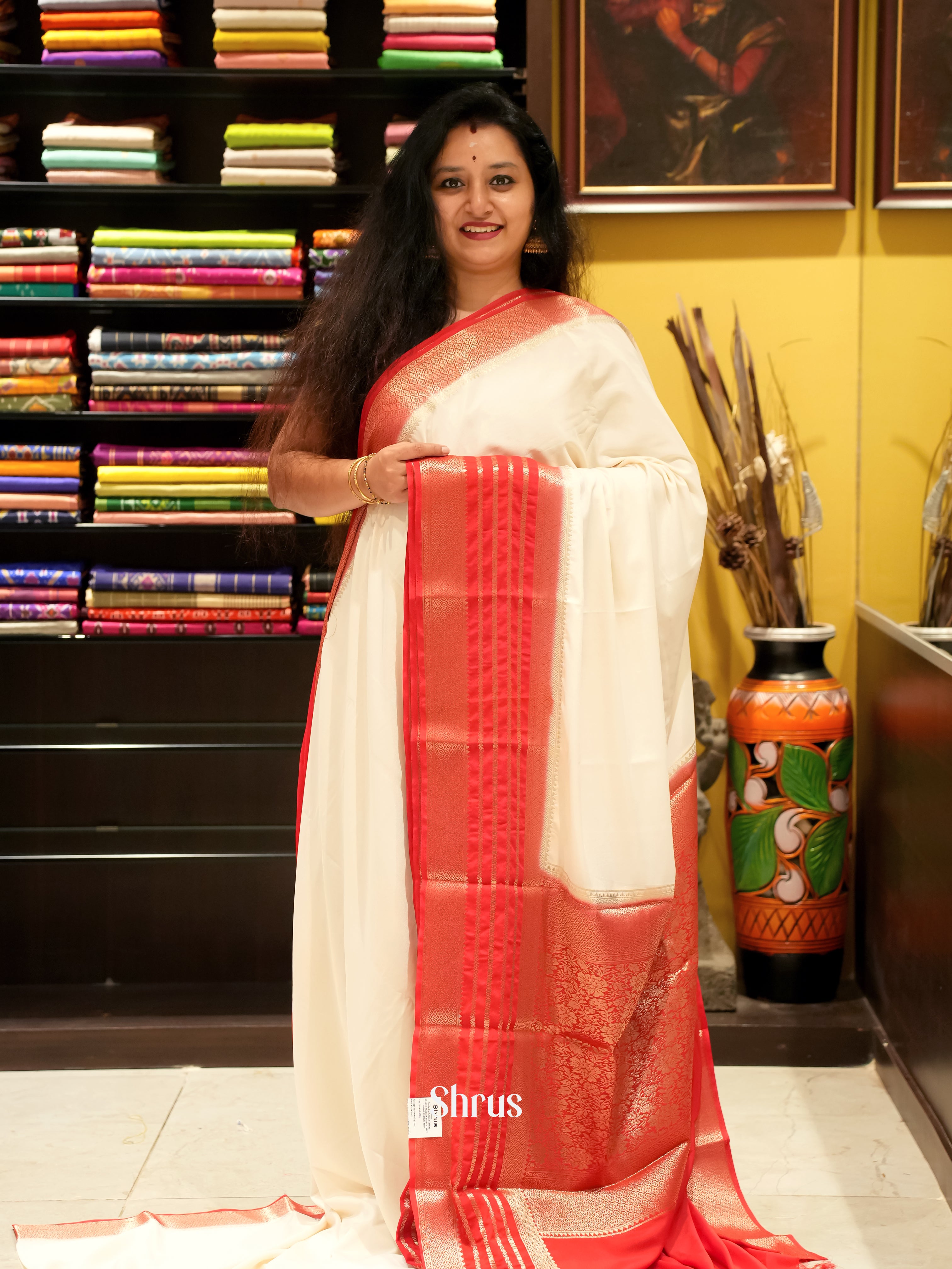 Cream & Red - Mysoresilk-halfpure Saree - Shop on Shrus.com