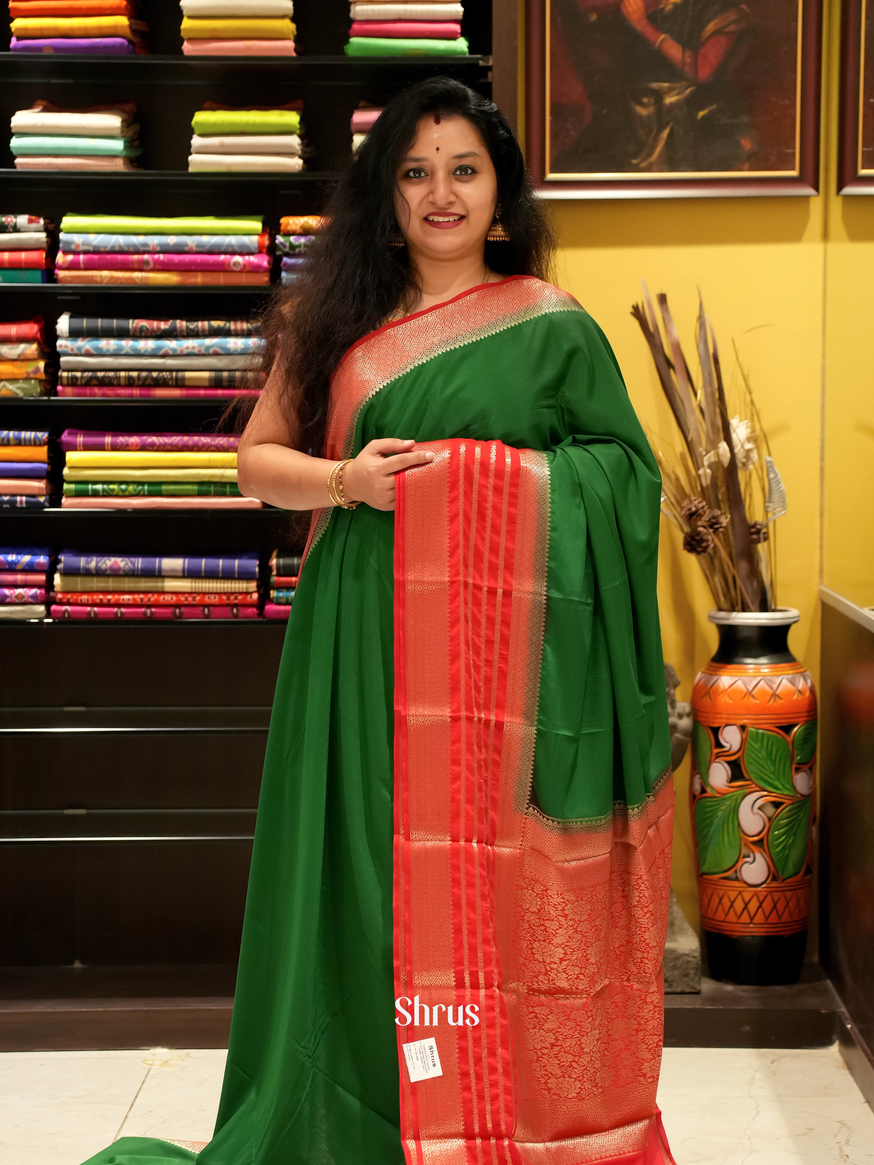 Green & Red- Mysoresilk-halfpure Saree - Shop on Shrus.com