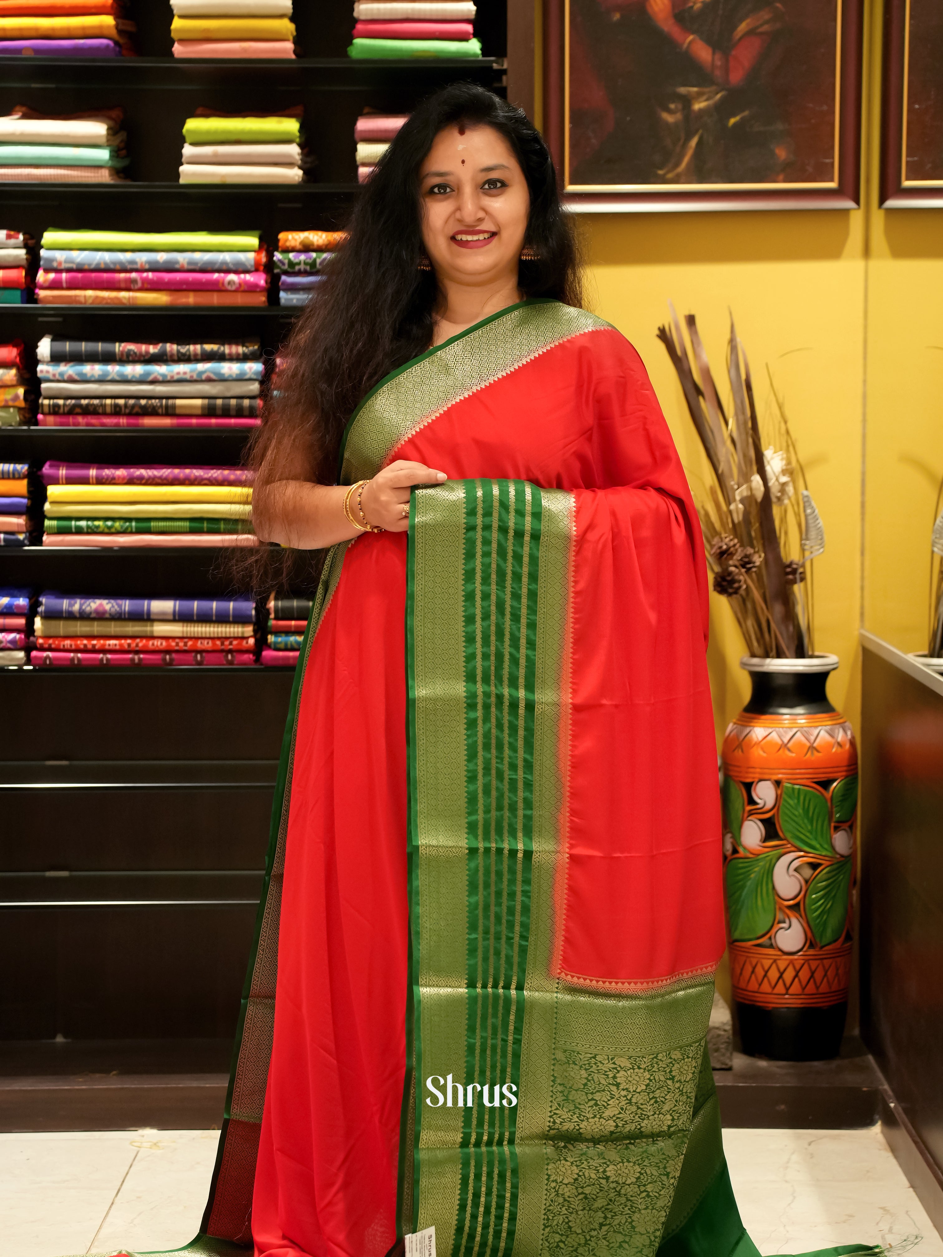 Red & Green - Mysoresilk-halfpure Saree - Shop on Shrus.com