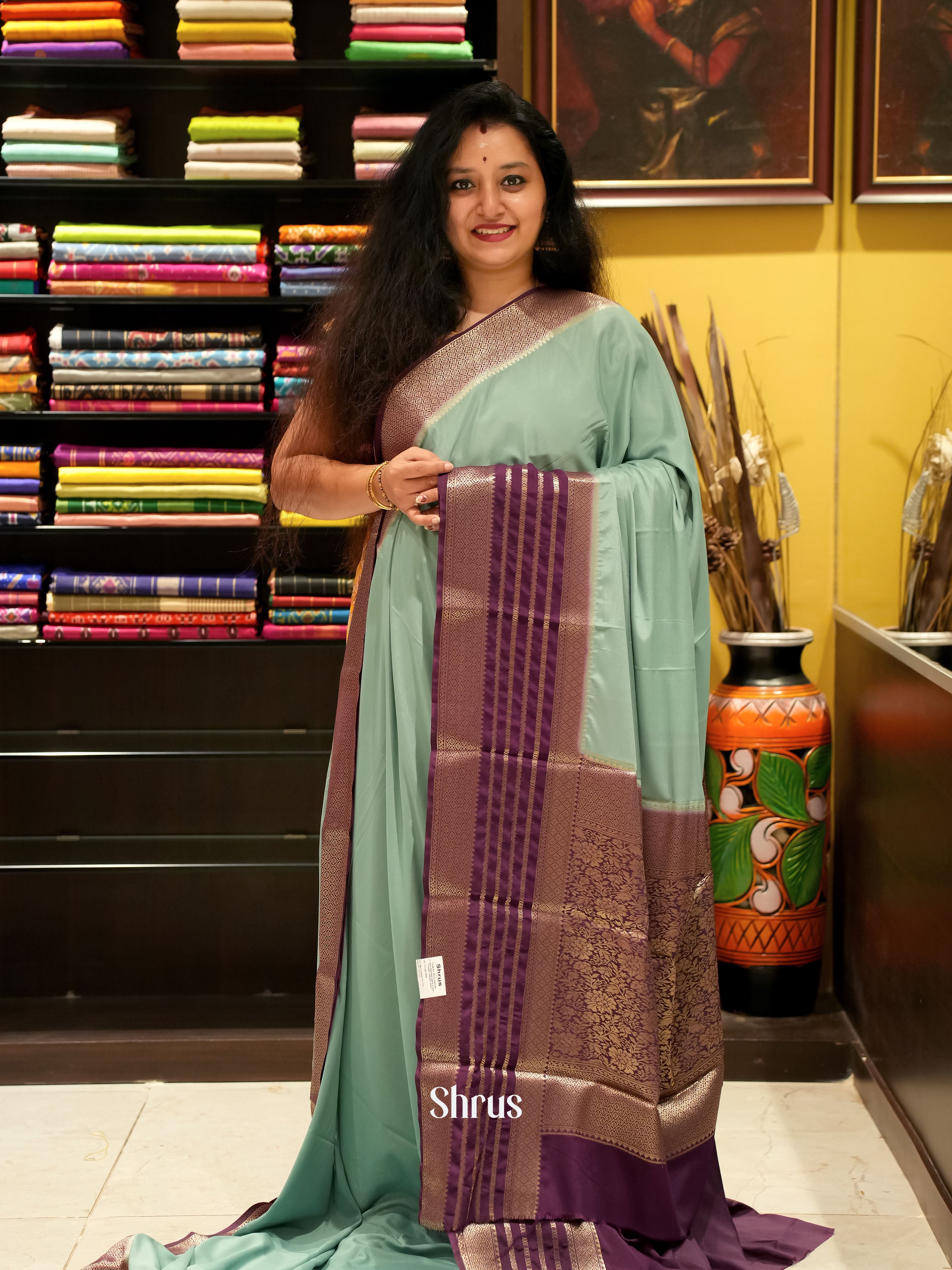 Pastel Green & Brown - Mysoresilk-halfpure Saree - Shop on Shrus.com