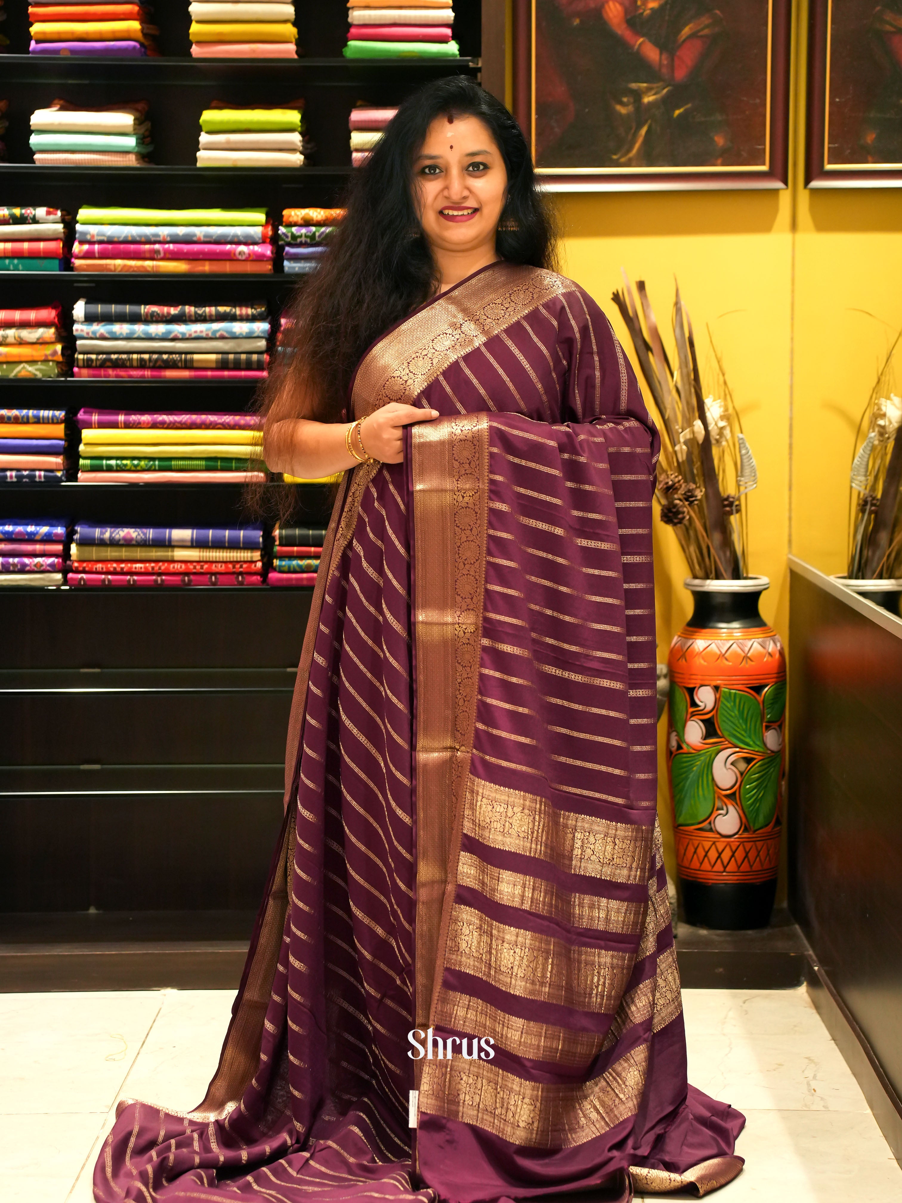 Brown - Mysoresilk-halfpure Saree - Shop on Shrus.com