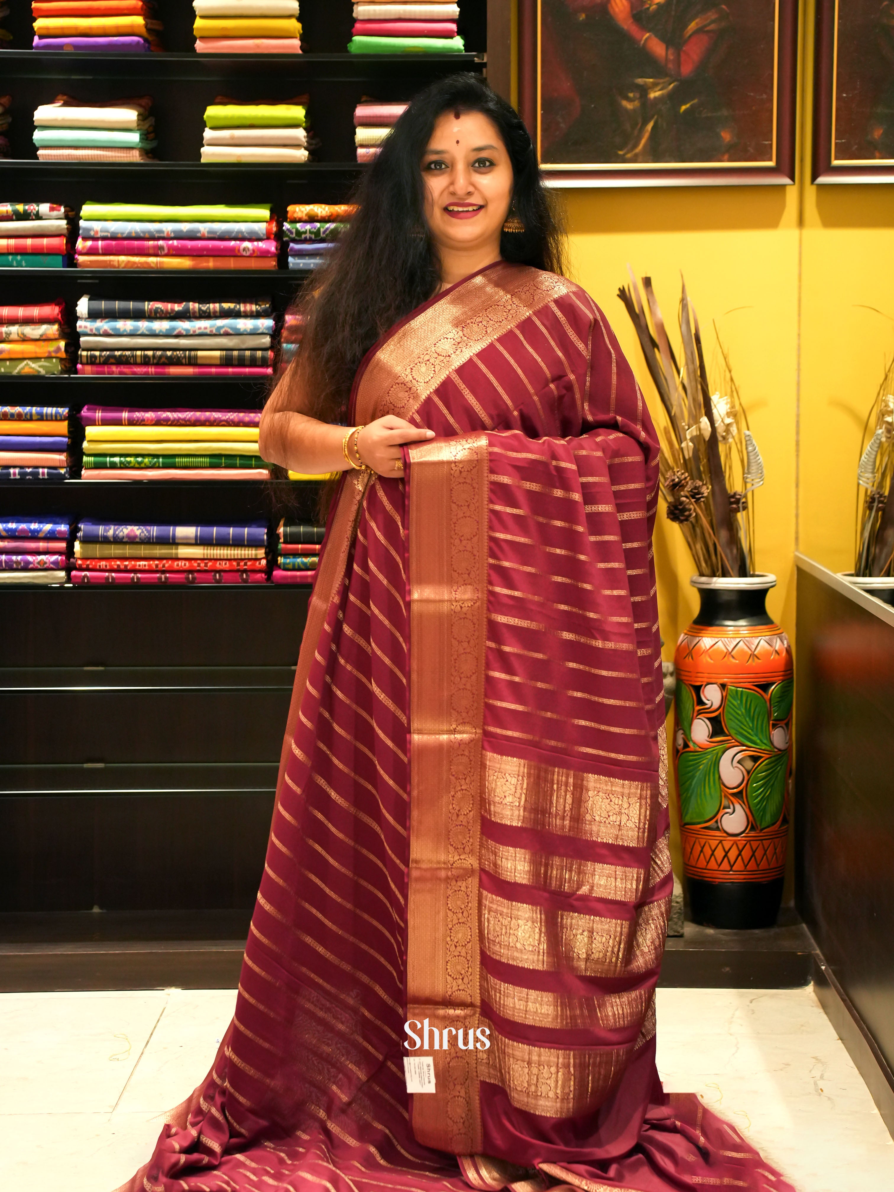 Maroon - Mysoresilk-halfpure Saree - Shop on Shrus.com