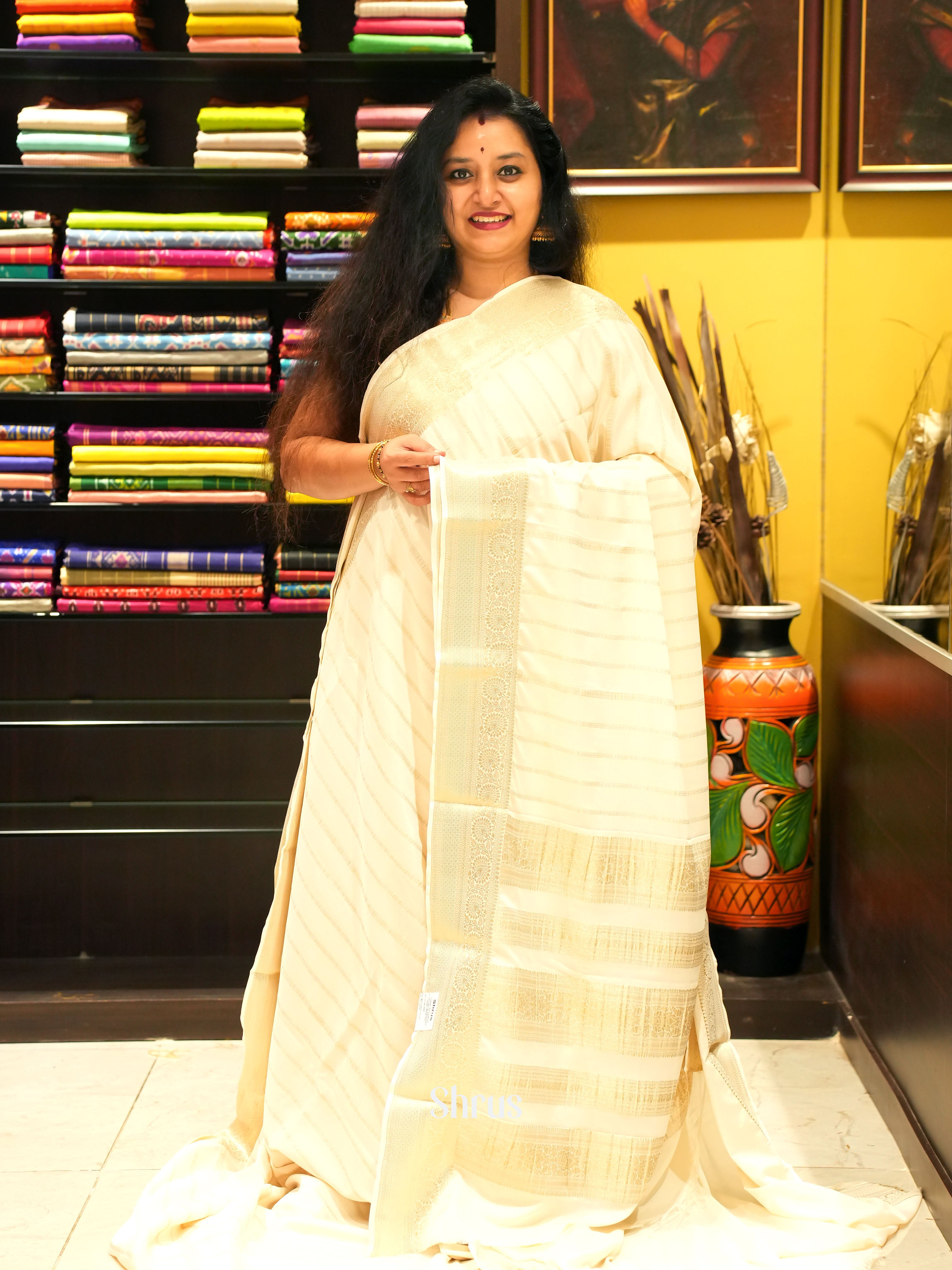 Cream - Mysoresilk-halfpure Saree - Shop on Shrus.com