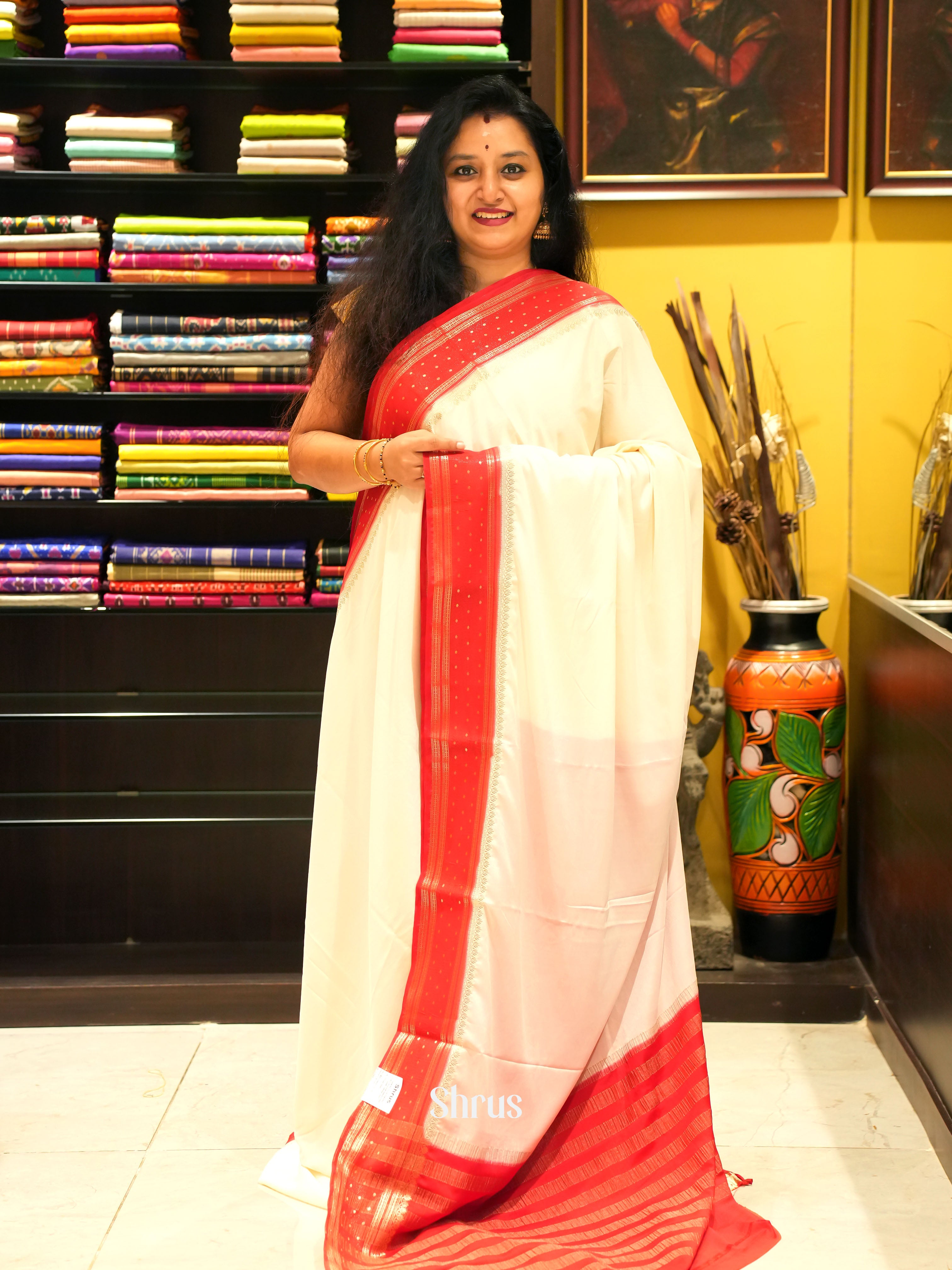 Cream & Red - Mysoresilk-halfpure Saree - Shop on Shrus.com