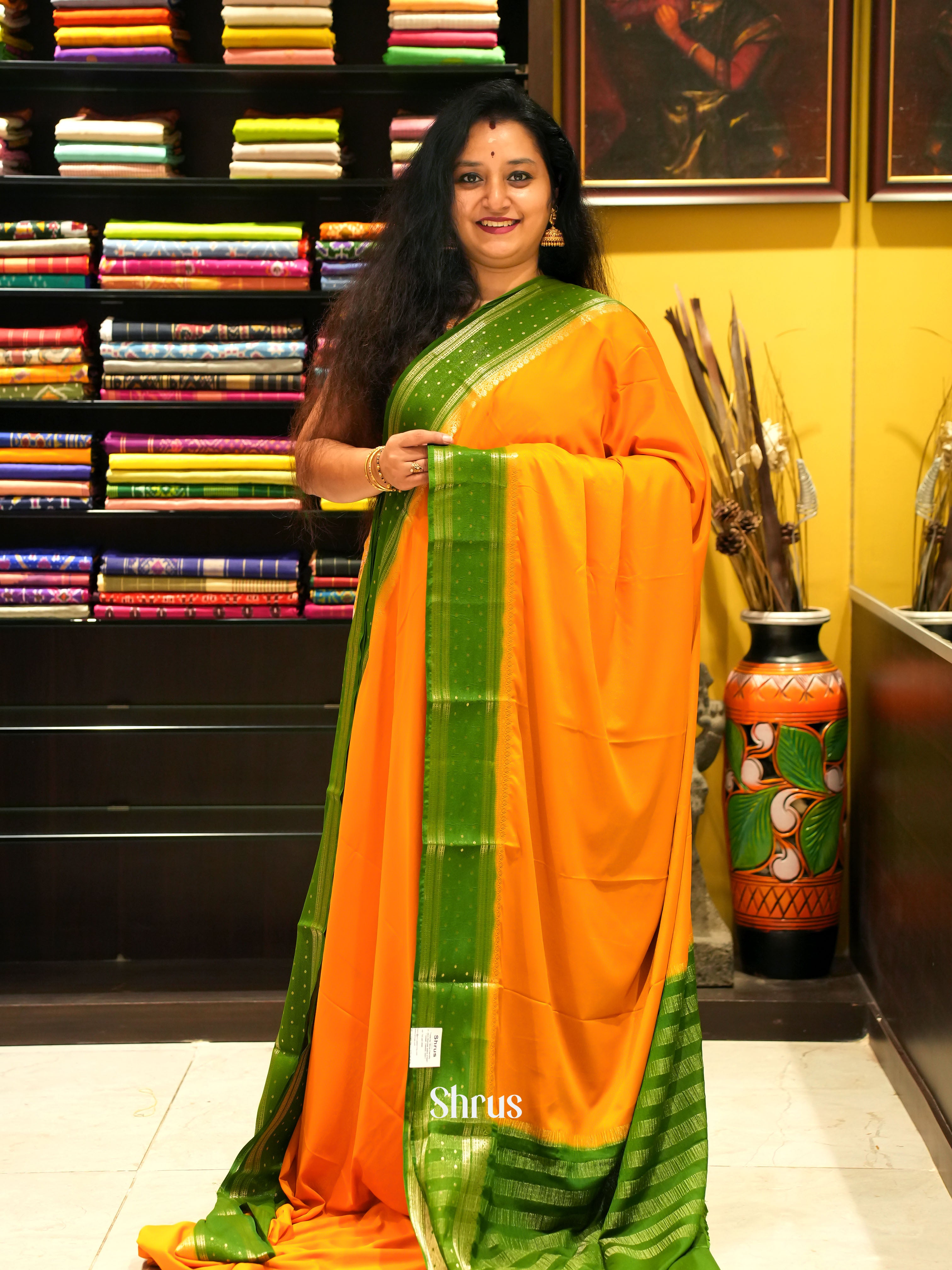 Orange & Green - Mysoresilk-halfpure Saree - Shop on Shrus.com