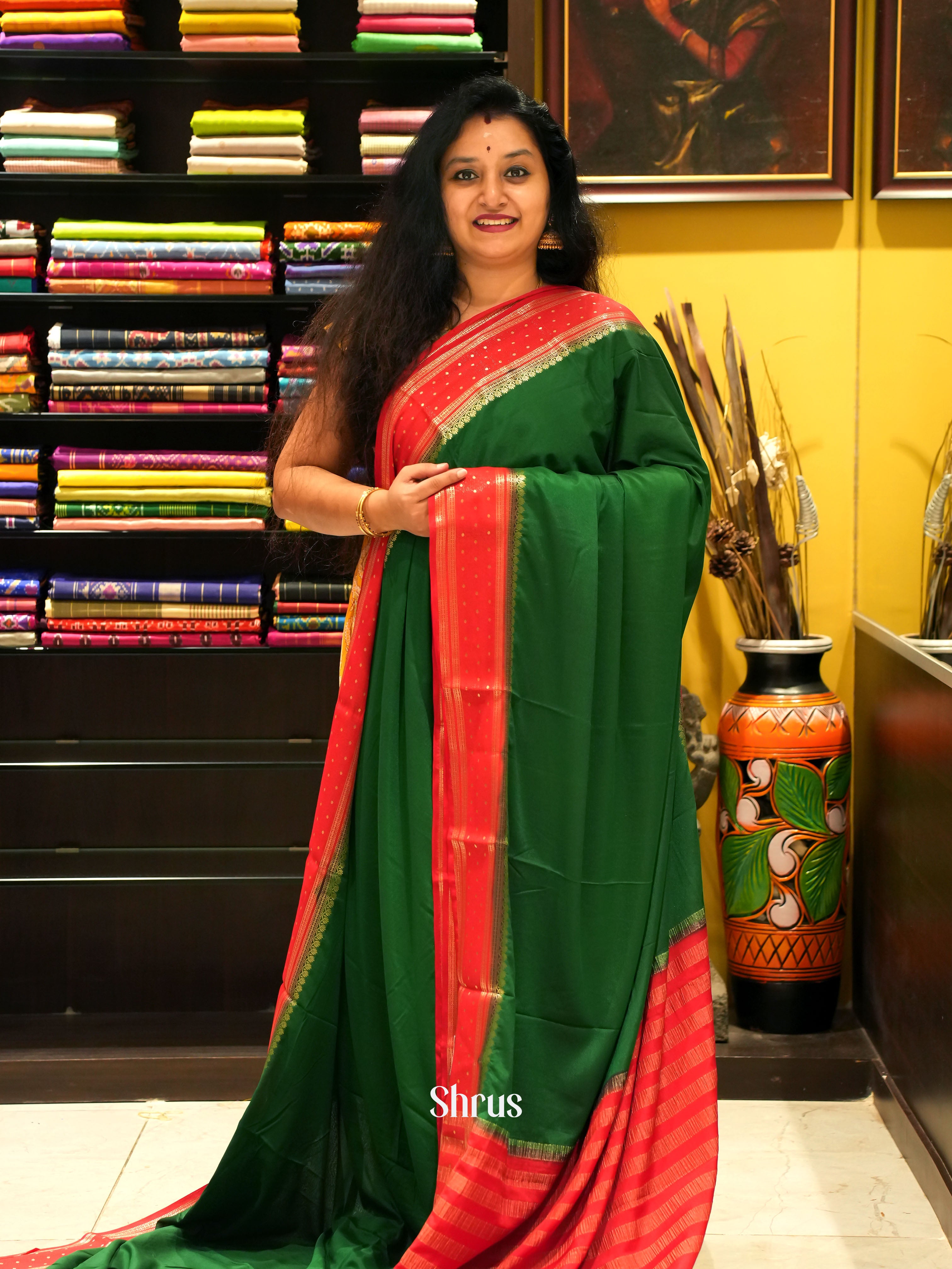 Green & Red- Mysoresilk-halfpure Saree - Shop on Shrus.com