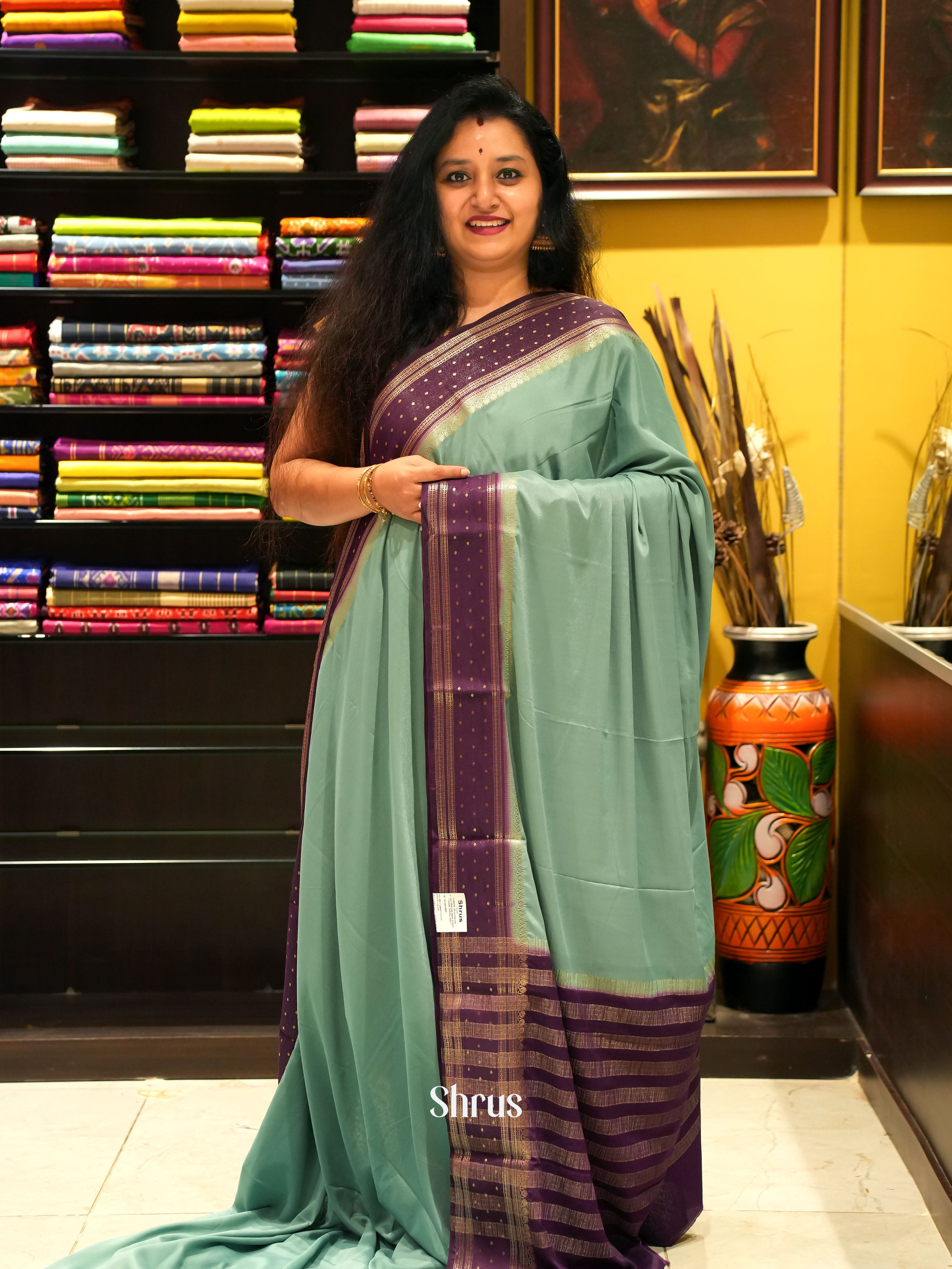 Pastel Green & Purple - Mysoresilk-halfpure Saree - Shop on Shrus.com