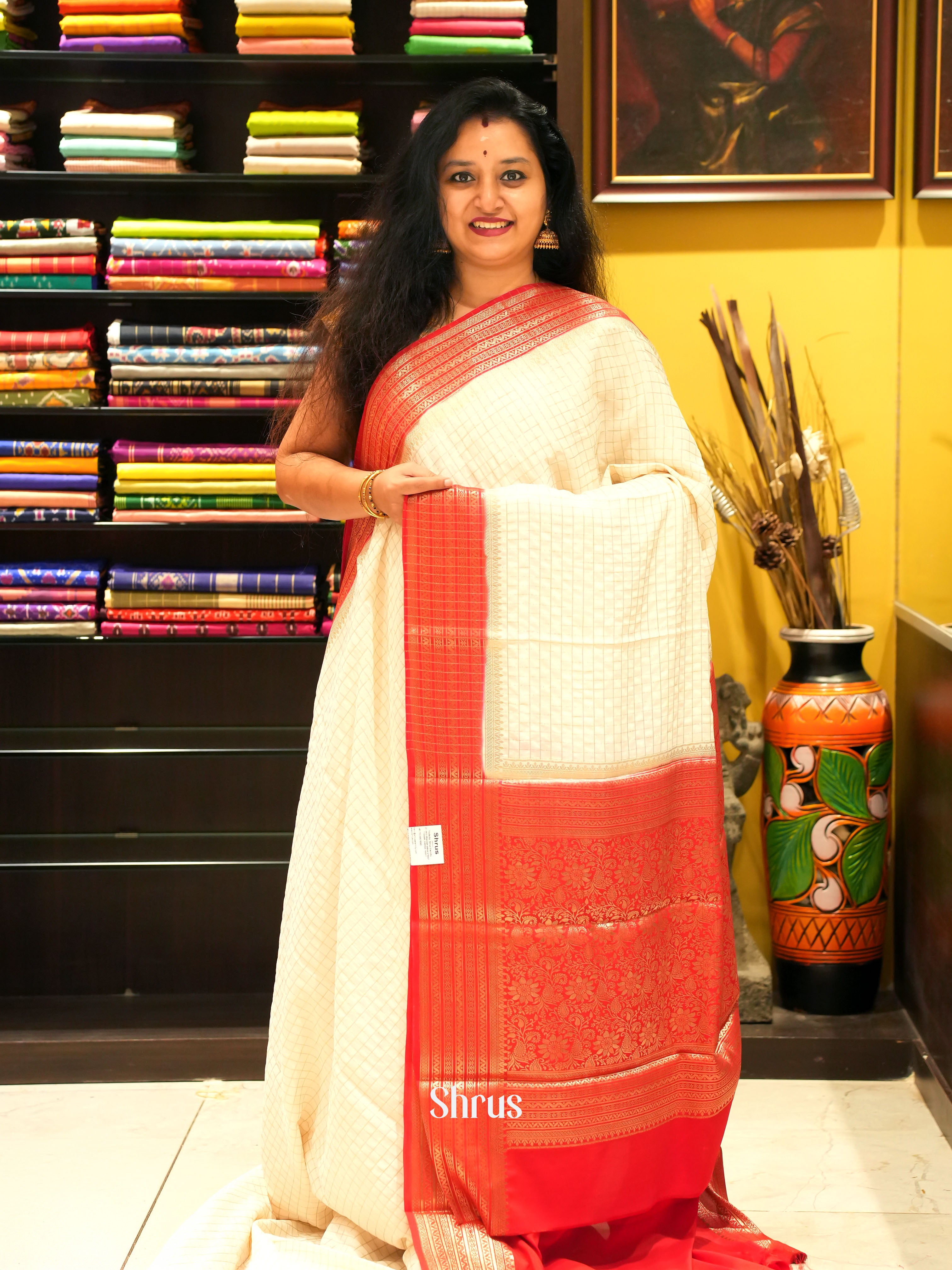 Cream & Red - Mysoresilk-halfpure Saree - Shop on Shrus.com