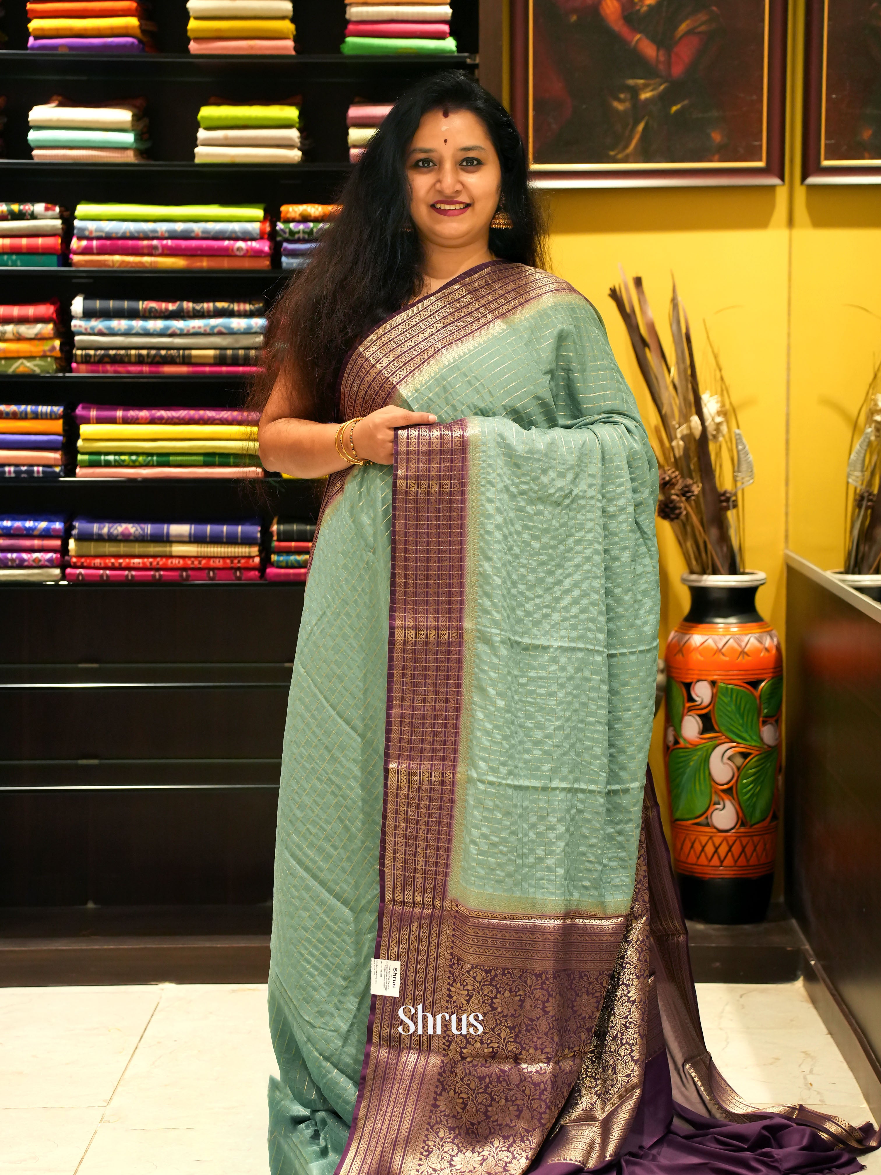 Pastel Green & Purple - Mysoresilk-halfpure Saree - Shop on Shrus.com